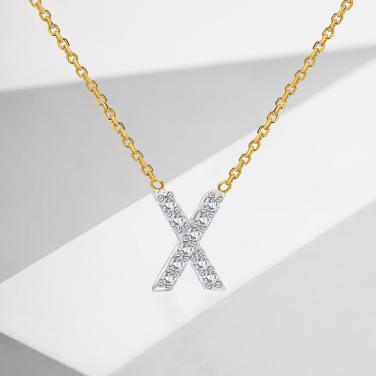 9K Yellow and White Gold With VS SI Diamond Mini Initial X Necklace 17 Inch