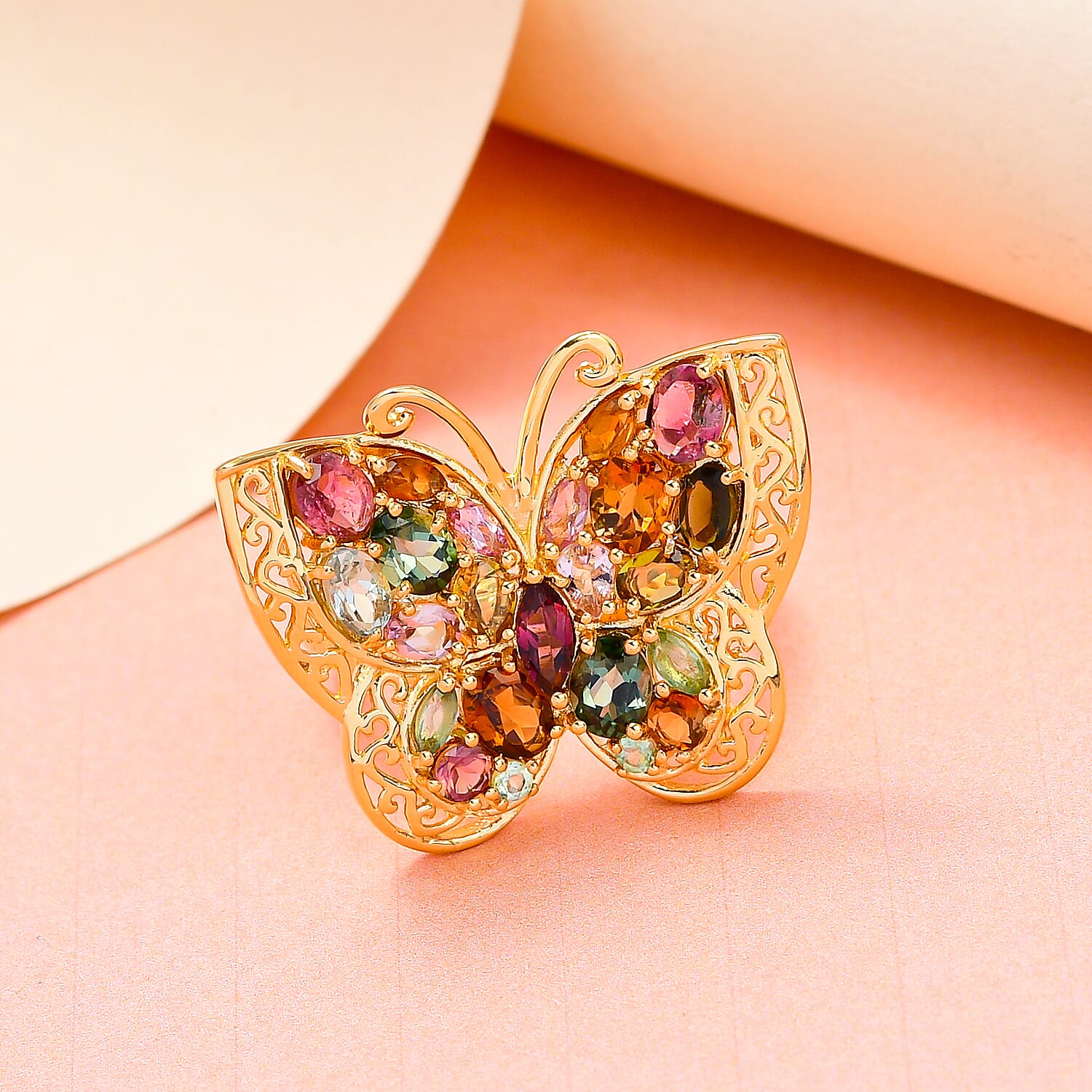 Multi -Tourmaline Buttterfly Ring in Vermeil Yellow Gold Overlay Sterling Silver 4.16 Ct, Silver Wt. 7.30 Gms.