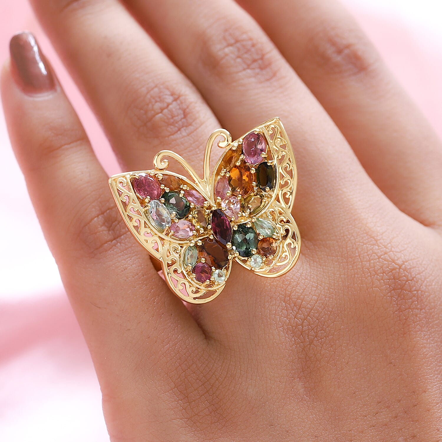 Multi -Tourmaline Buttterfly Ring in Vermeil Yellow Gold Overlay Sterling Silver 4.16 Ct, Silver Wt. 7.30 Gms.