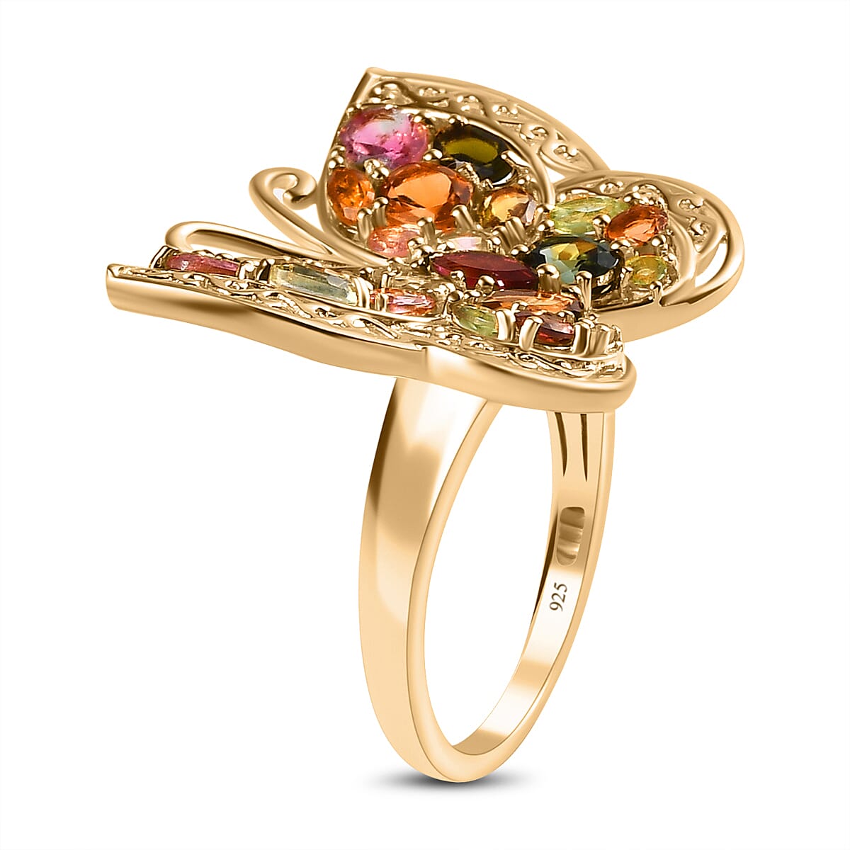 Multi -Tourmaline Buttterfly Ring in Vermeil Yellow Gold Overlay Sterling Silver 4.16 Ct, Silver Wt. 7.30 Gms.
