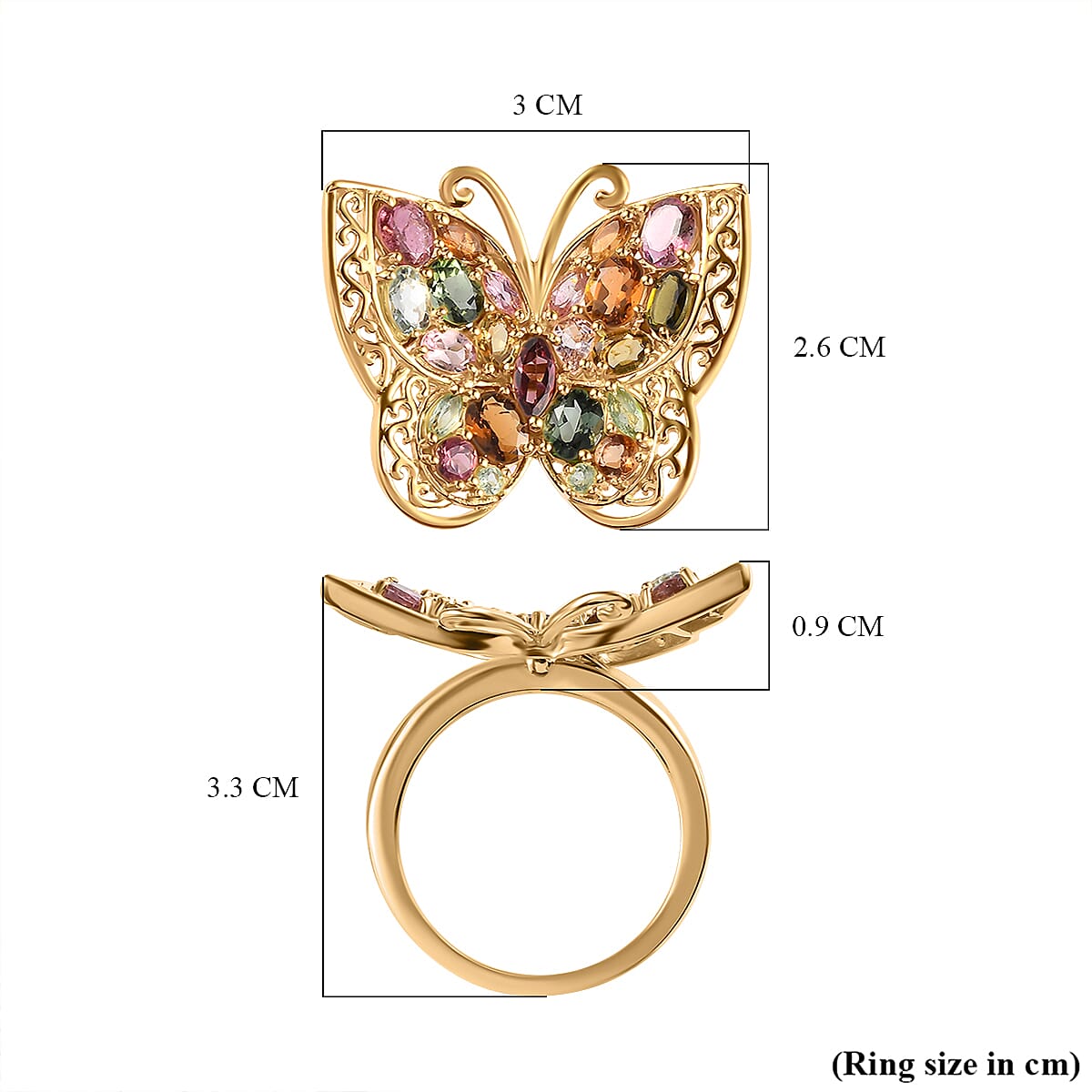 Multi -Tourmaline Buttterfly Ring in Vermeil Yellow Gold Overlay Sterling Silver 4.16 Ct, Silver Wt. 7.30 Gms.