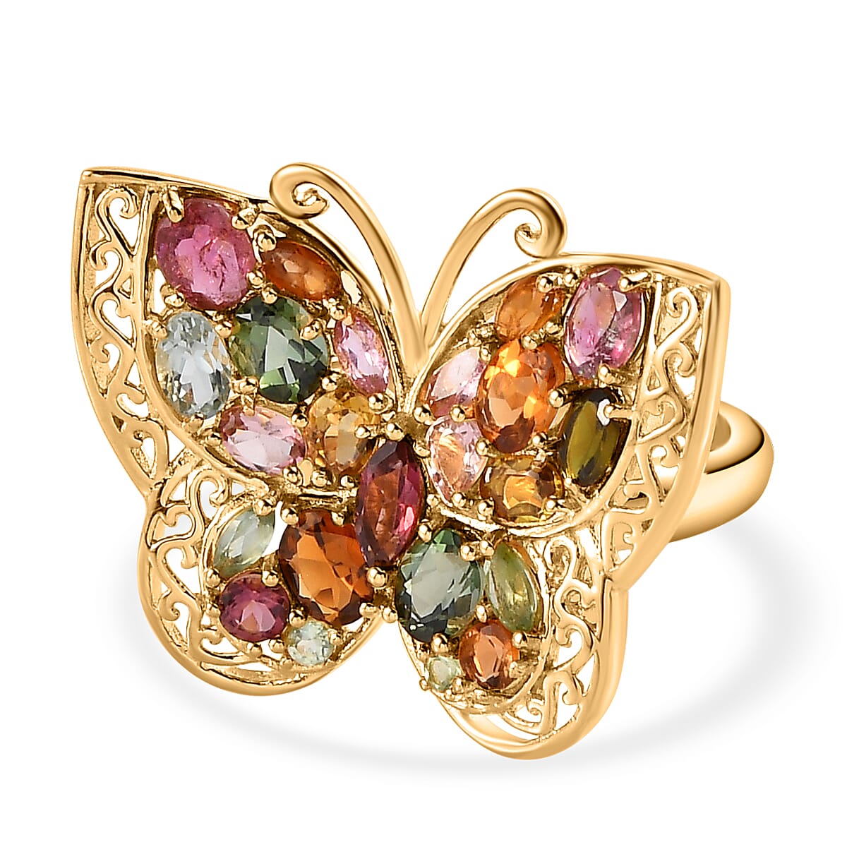 Multi -Tourmaline Buttterfly Ring in Vermeil Yellow Gold Overlay Sterling Silver 4.16 Ct, Silver Wt. 7.30 Gms.