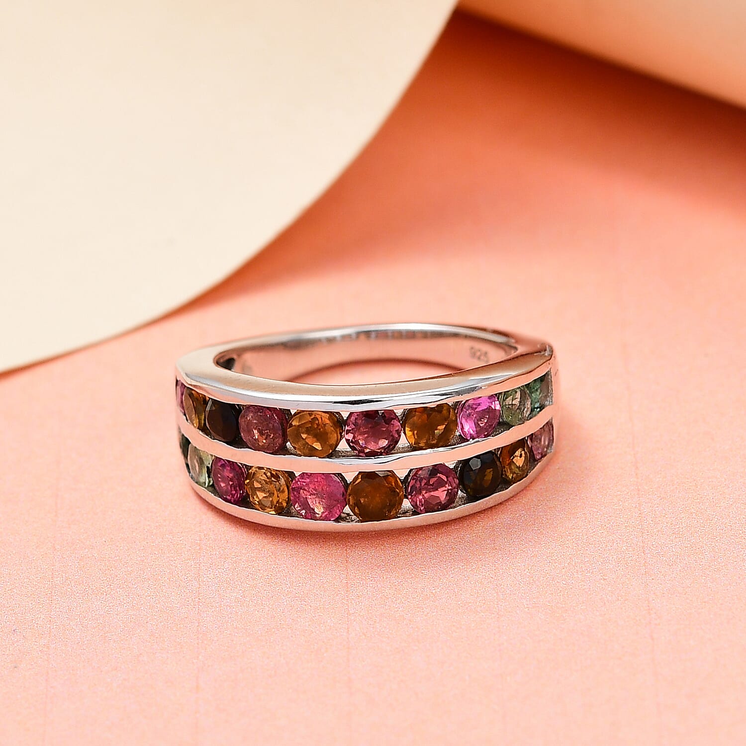 Multi -Tourmaline Band Ring in Platinum Overlay Sterling Silver 1.84 Ct.