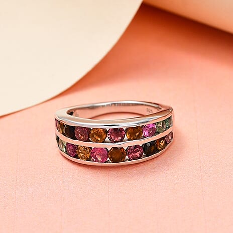 Multi -Tourmaline Band Ring in Platinum Overlay Sterling Silver 1.84 Ct.