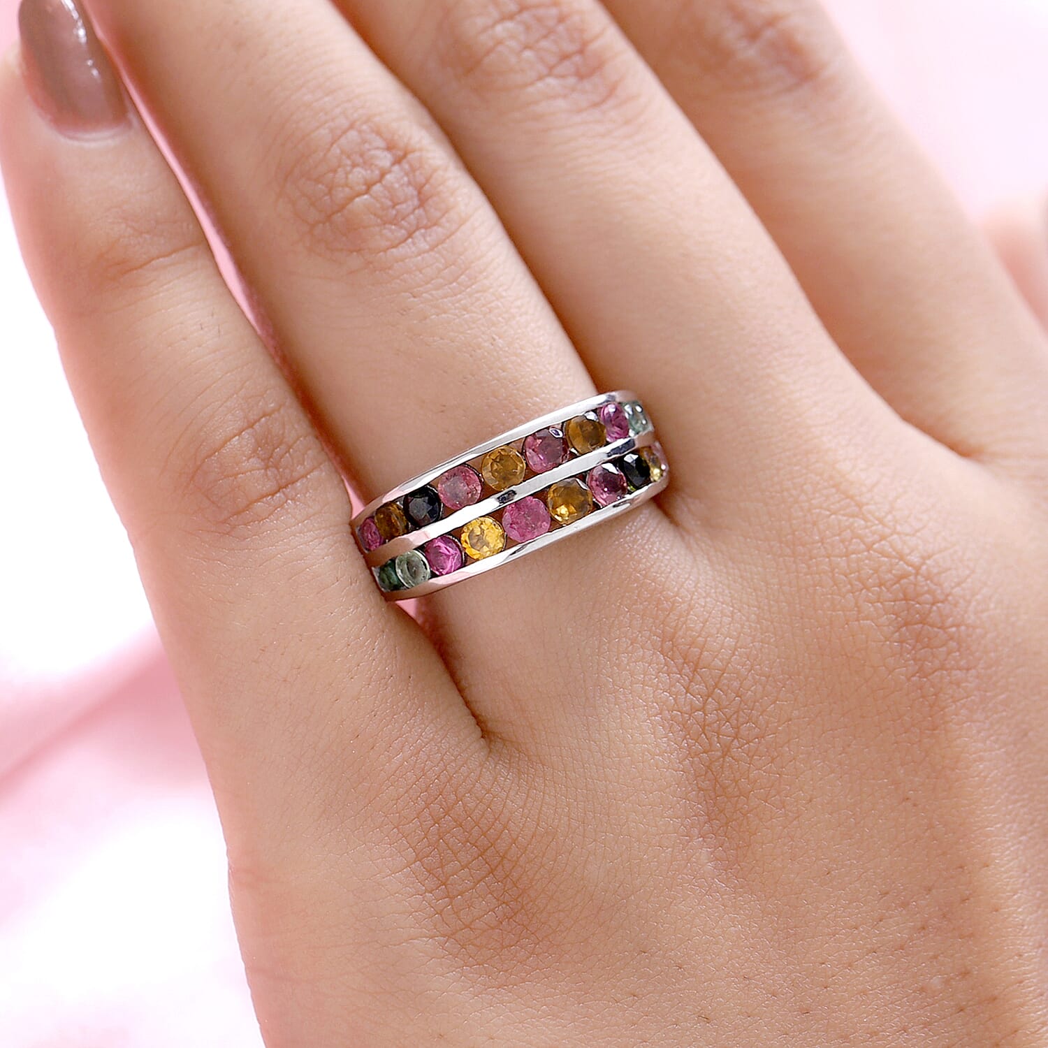 Multi -Tourmaline Band Ring in Platinum Overlay Sterling Silver 1.84 Ct.