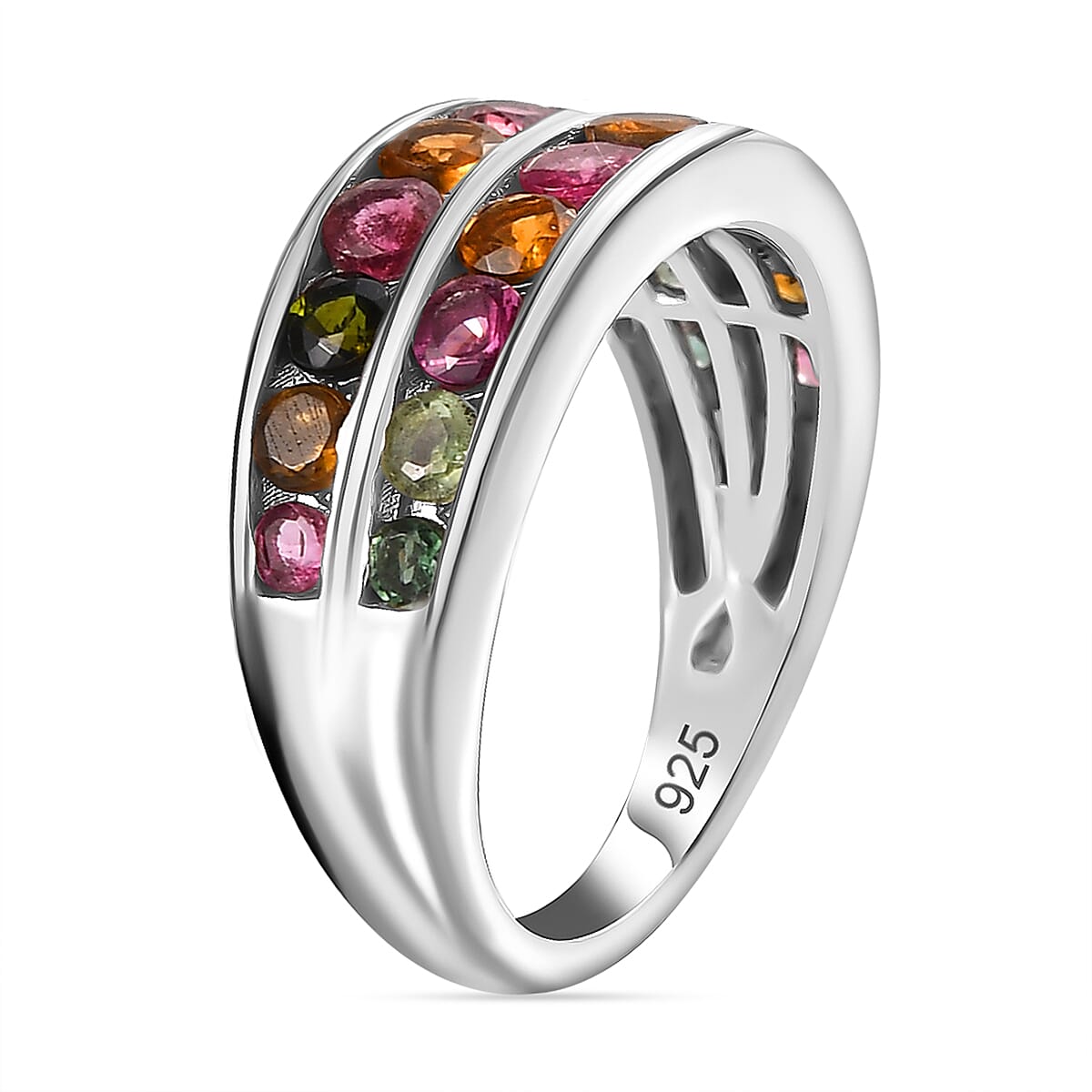 Multi -Tourmaline Band Ring in Platinum Overlay Sterling Silver 1.84 Ct.