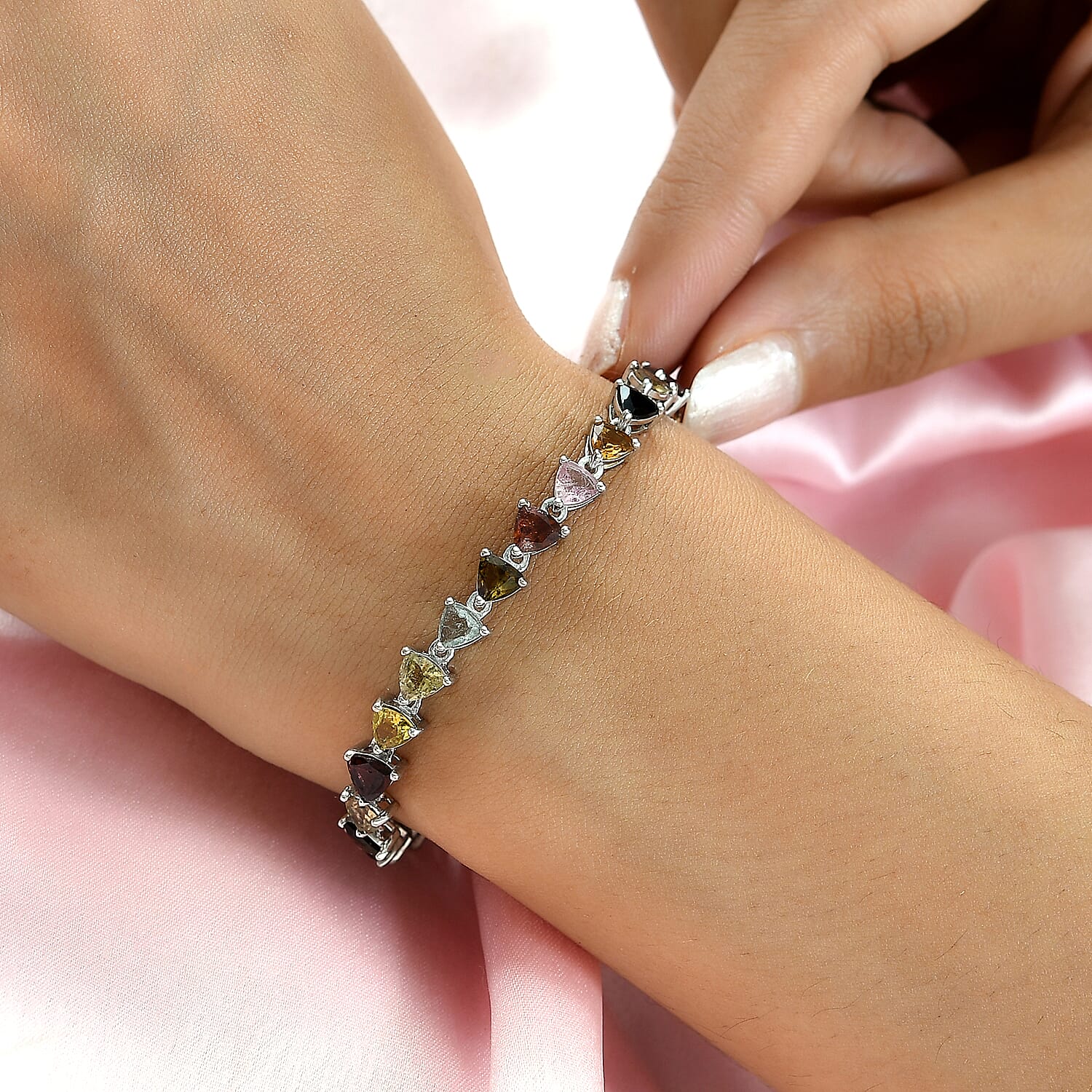 Multi-Tourmaline Bracelet (Size - 7.5) in Platinum Overlay Sterling Silver 11.02 Ct, Silver Wt. 8.50 Gms