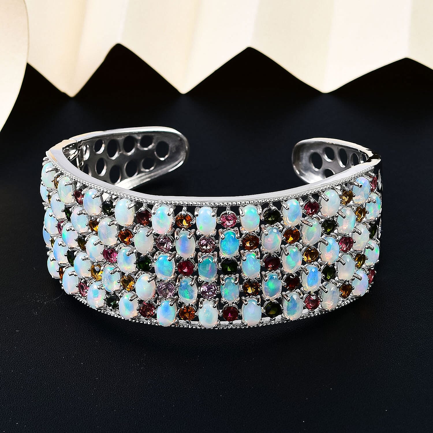 Ethiopian Welo Opal and Multi-Tourmaline Cuff Bangle (Size - 7.5) in Platinum Overlay Sterling Silver 22.28 Ct, Silver Wt. 33.50 Gms.