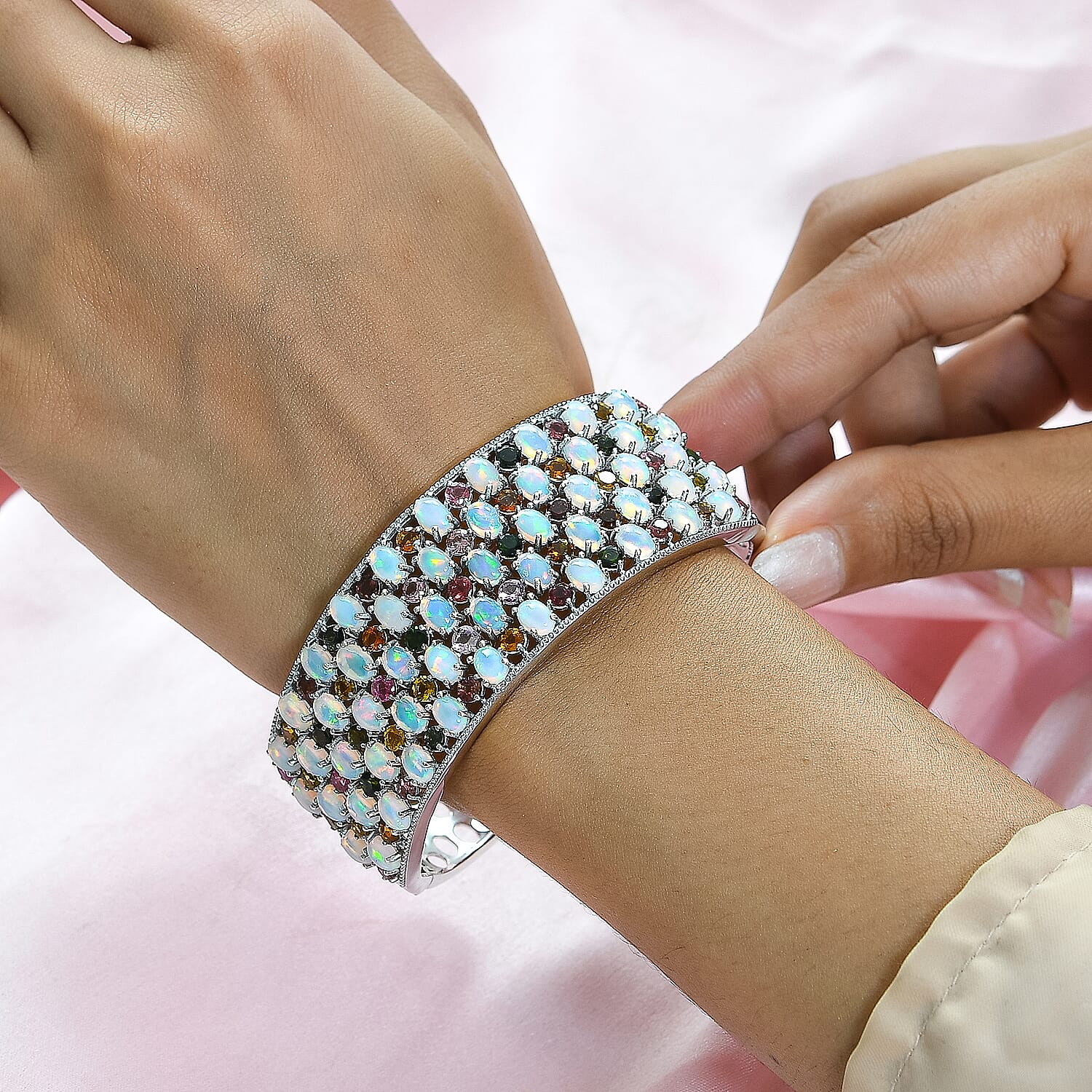 Ethiopian Welo Opal and Multi-Tourmaline Cuff Bangle (Size - 7.5) in Platinum Overlay Sterling Silver 22.28 Ct, Silver Wt. 33.50 Gms.