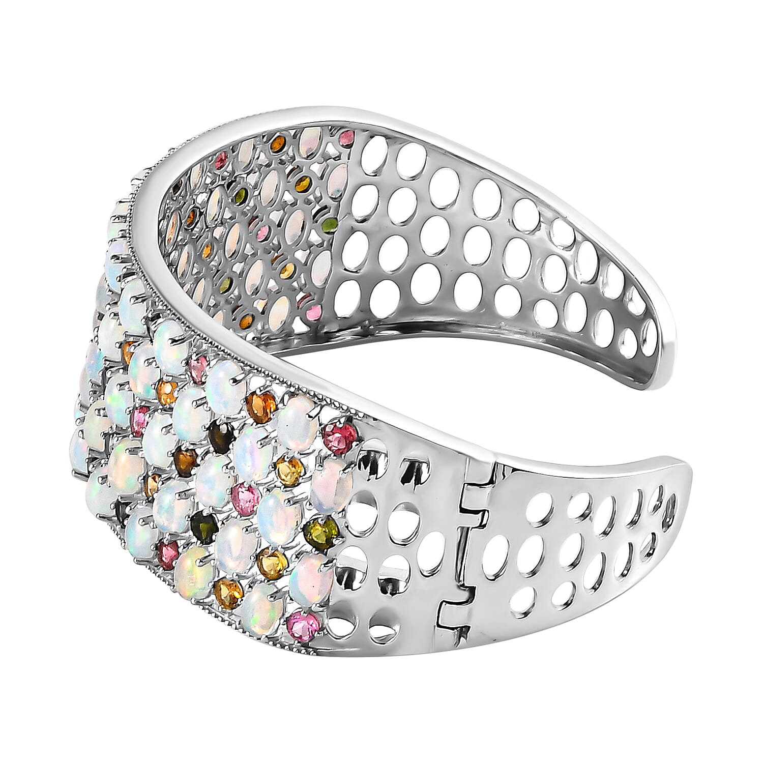 Ethiopian Welo Opal and Multi-Tourmaline Cuff Bangle (Size - 7.5) in Platinum Overlay Sterling Silver 22.28 Ct, Silver Wt. 33.50 Gms.