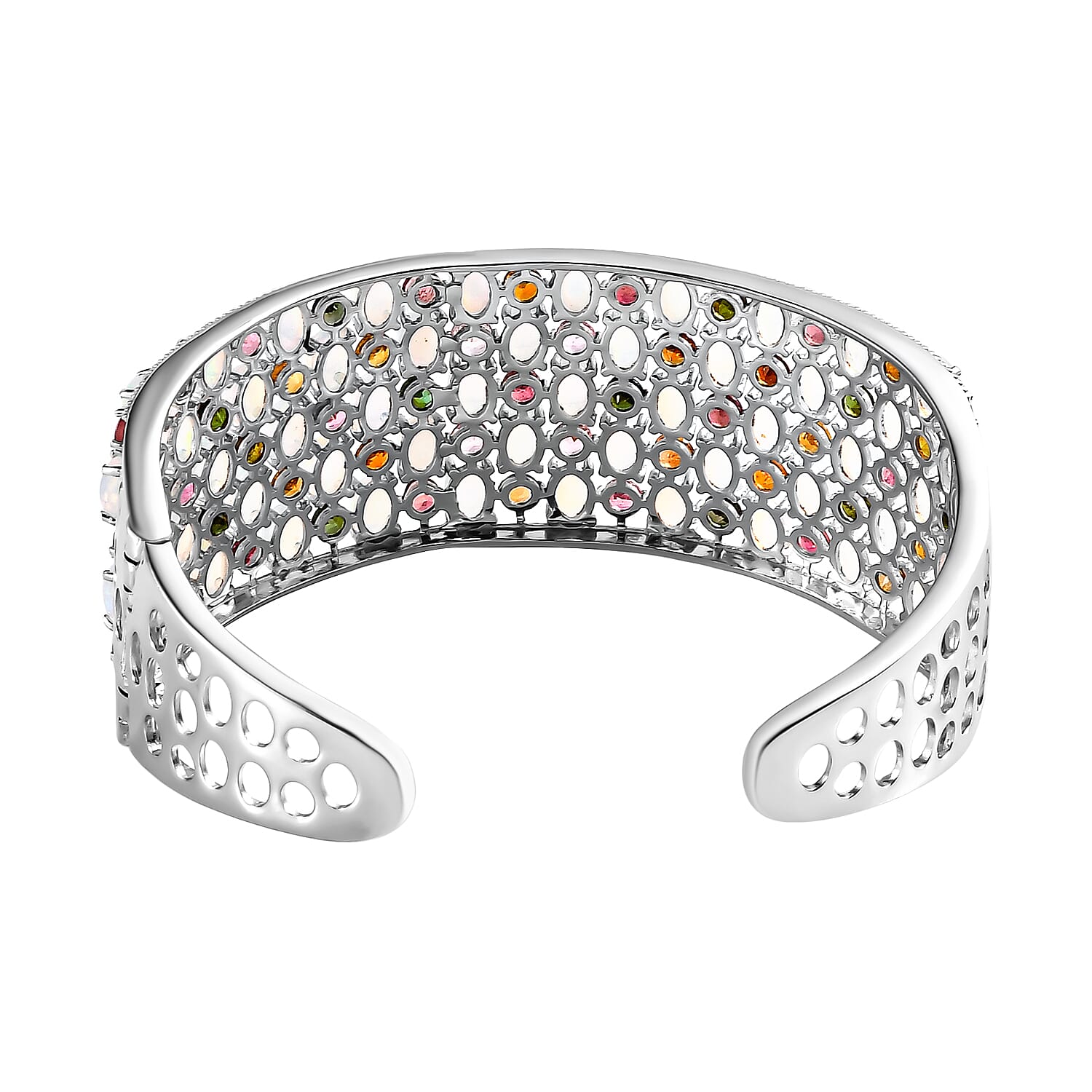Ethiopian Welo Opal and Multi-Tourmaline Cuff Bangle (Size - 7.5) in Platinum Overlay Sterling Silver 22.28 Ct, Silver Wt. 33.50 Gms.