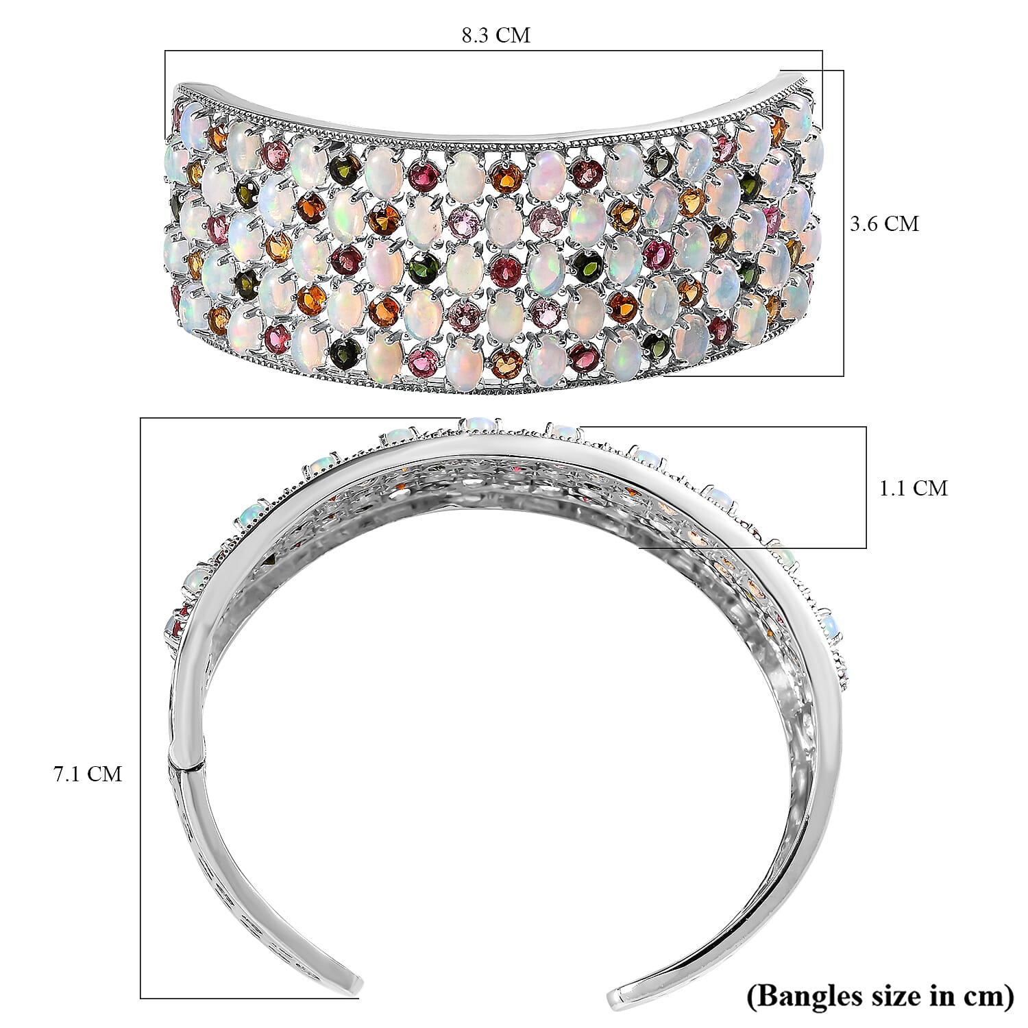 Ethiopian Welo Opal and Multi-Tourmaline Cuff Bangle (Size - 7.5) in Platinum Overlay Sterling Silver 22.28 Ct, Silver Wt. 33.50 Gms.
