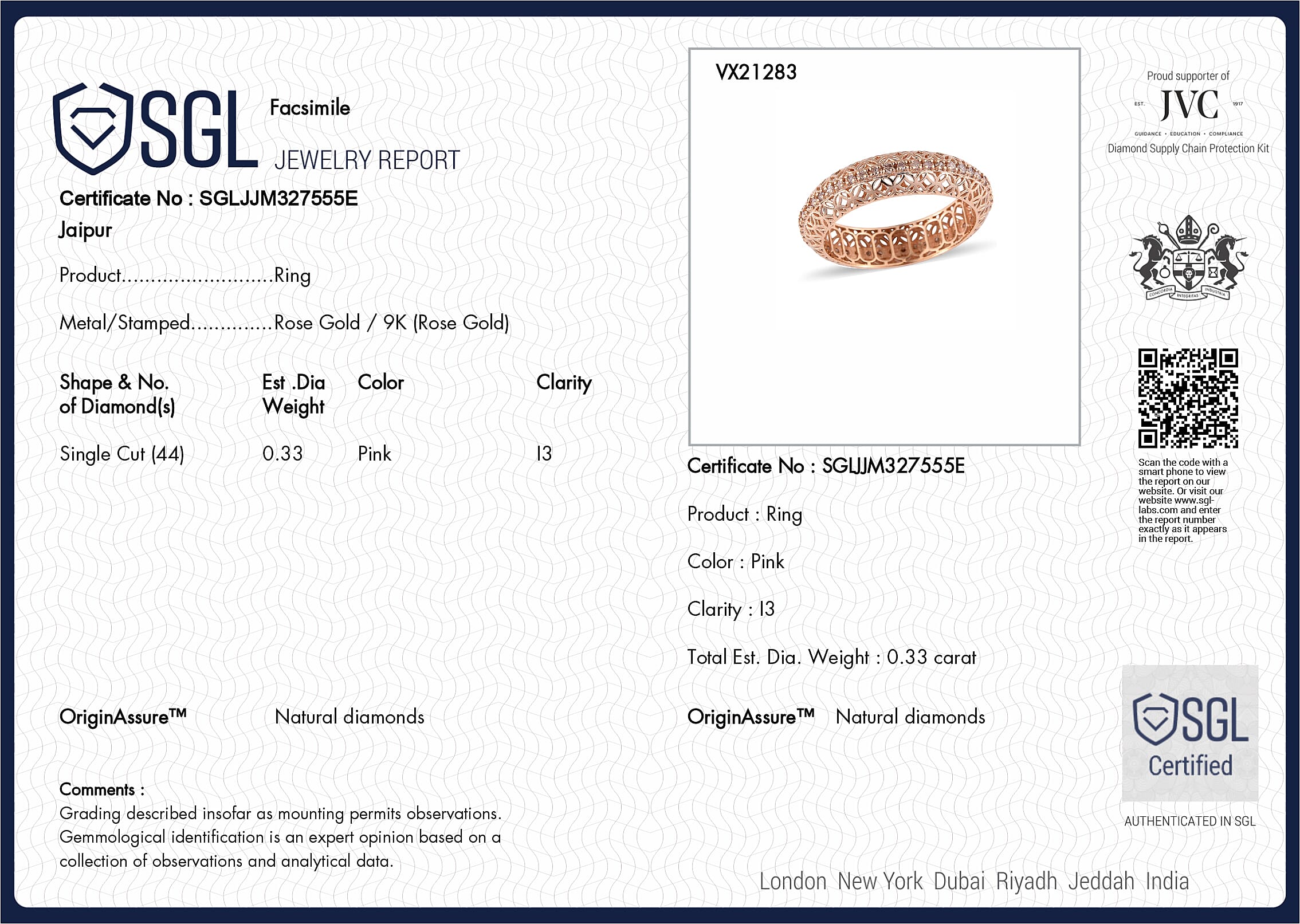 9K Rose Gold SGL Certified Natural Pink Diamond Ring 0.33 Ct.