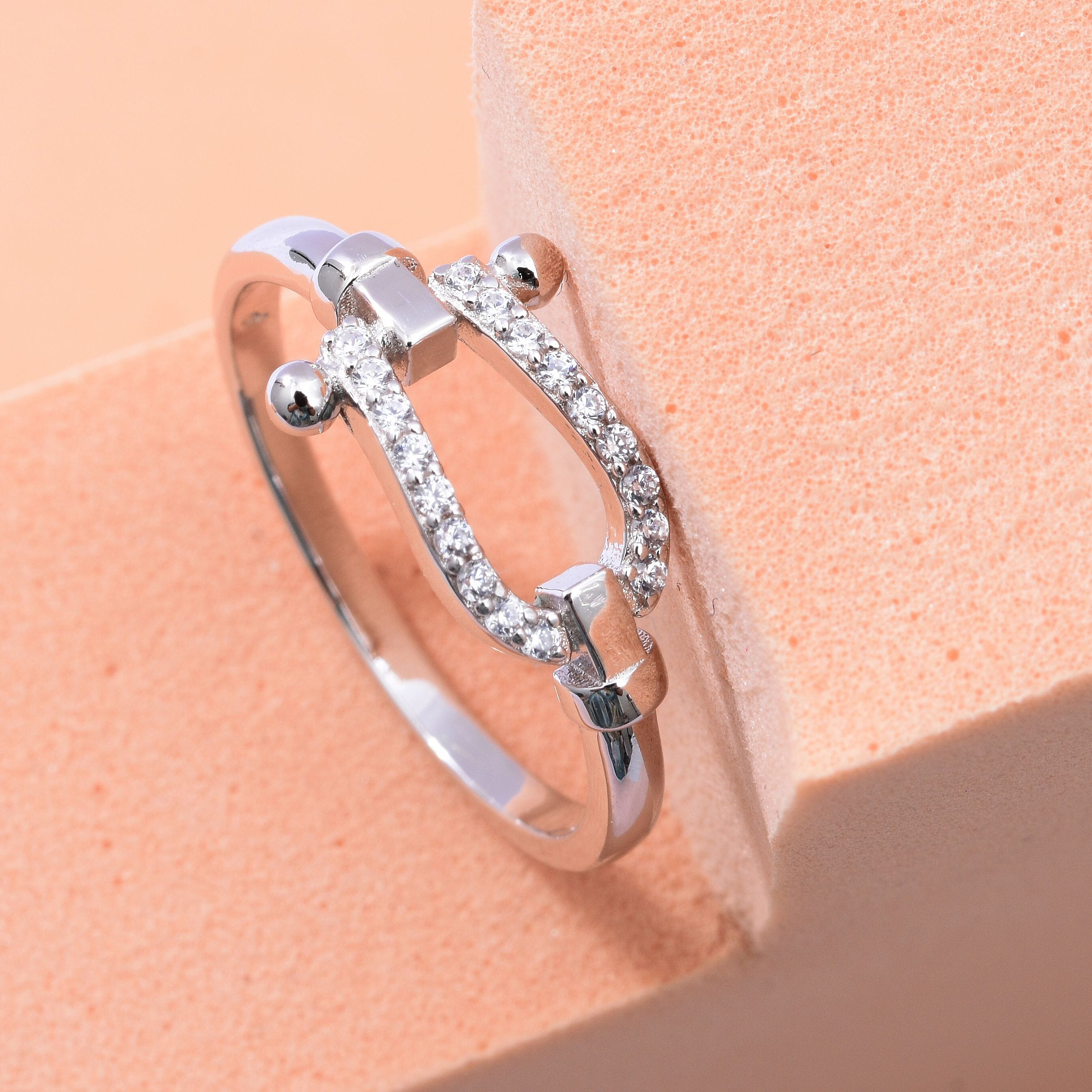 ELANZA Simulated Diamond Horseshoe Ring in Rhodium Overlay Sterling Silver