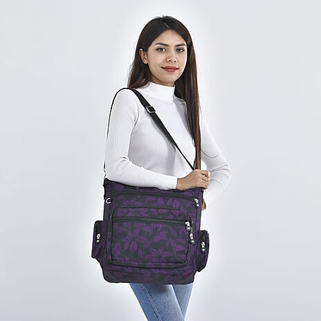 Multi Pocket Flower Pattern Tote Bag - Black & Purple