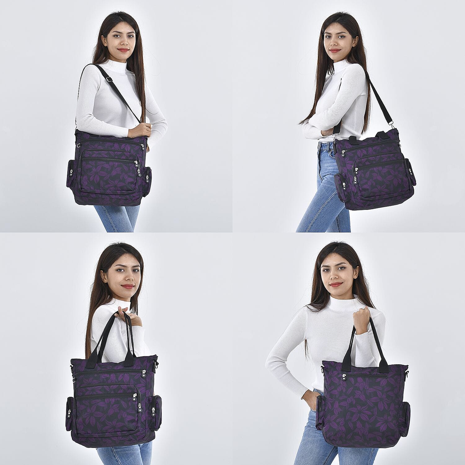 Multi Pocket Flower Pattern Tote Bag (Size 36x33x13 cm) - Black and Purple