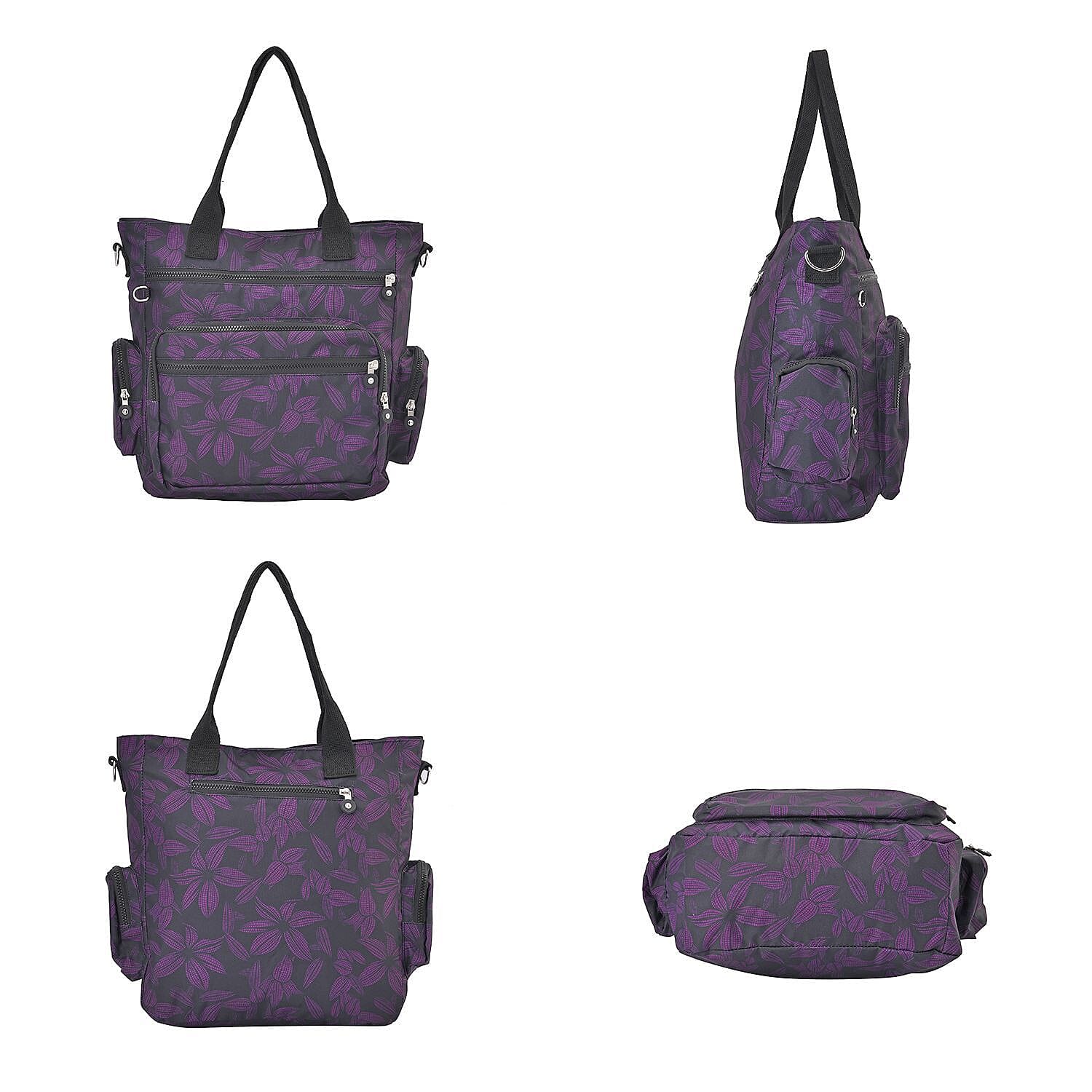 Multi Pocket Flower Pattern Tote Bag (Size 36x33x13 cm) - Black and Purple