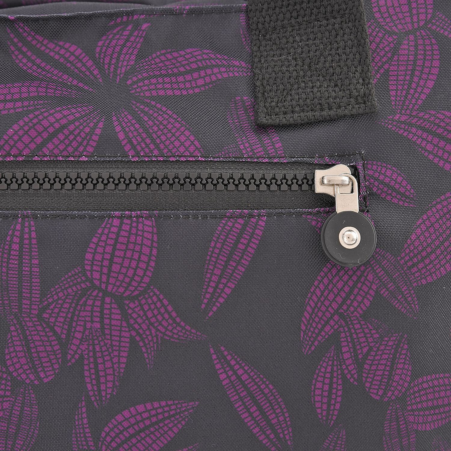 Multi Pocket Flower Pattern Tote Bag (Size 36x33x13 cm) - Black and Purple