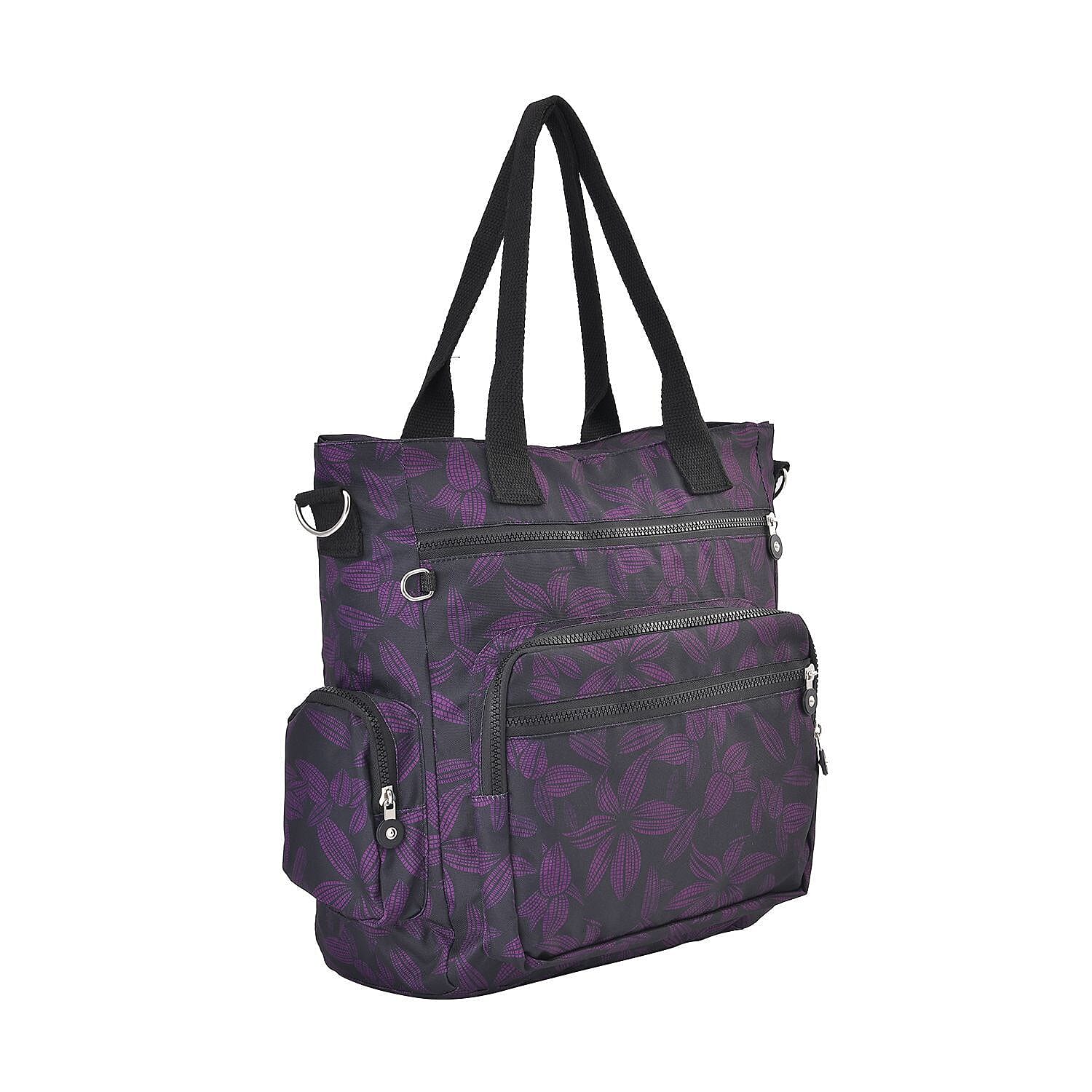 Multi Pocket Flower Pattern Tote Bag (Size 36x33x13 cm) - Black and Purple