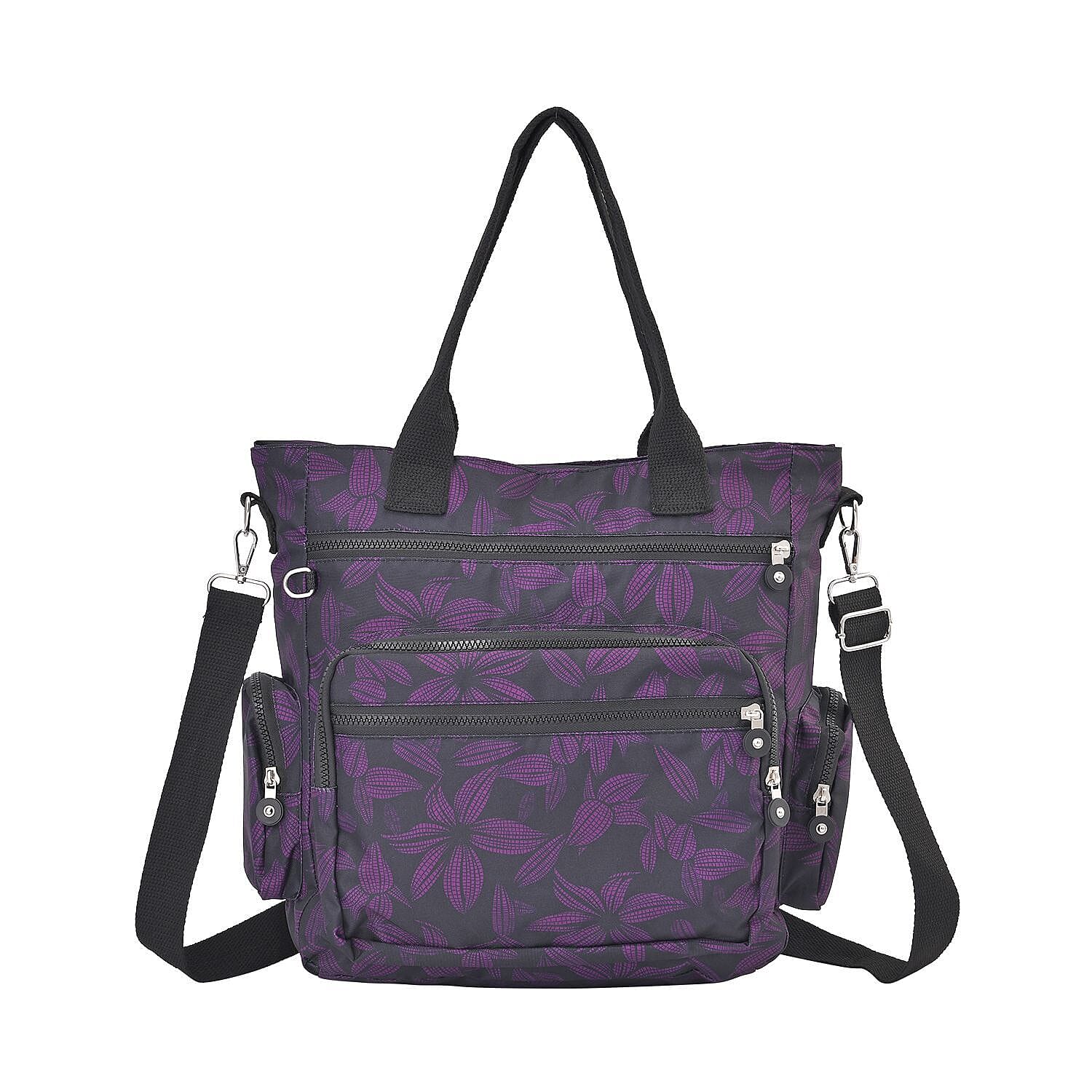 Multi Pocket Flower Pattern Tote Bag (Size 36x33x13 cm) - Black and Purple