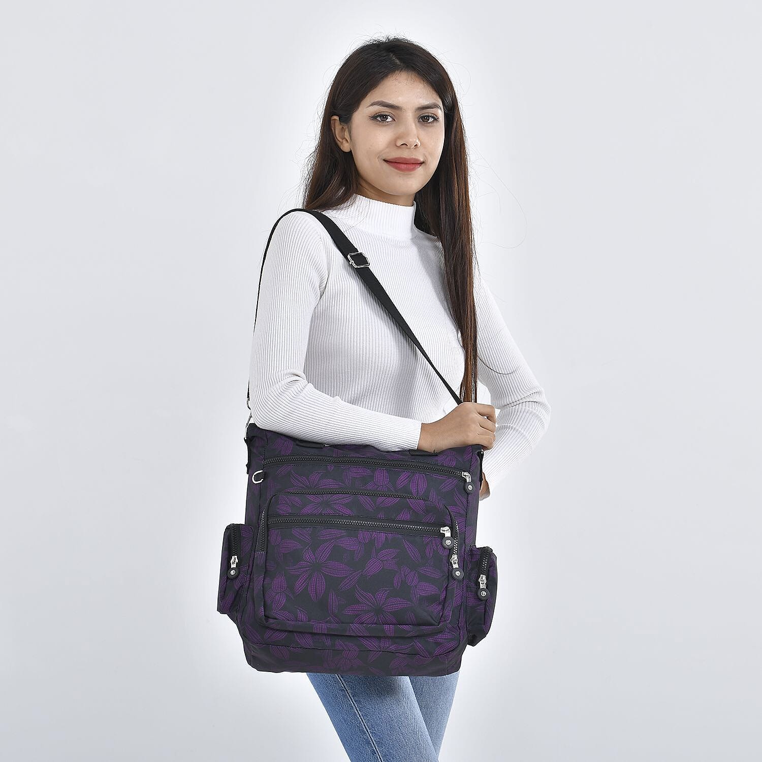 Multi Pocket Flower Pattern Tote Bag (Size 36x33x13 cm) - Black and Purple
