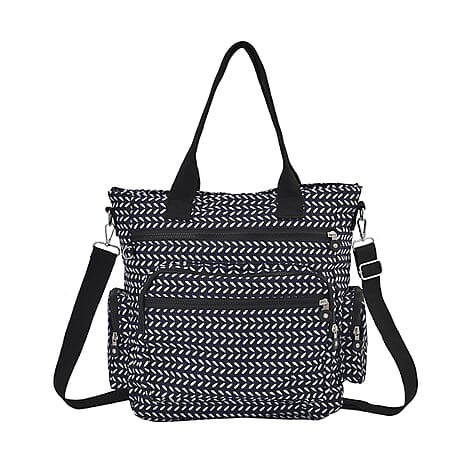 Multi Pocket Leaf Pattern Tote Bag - Navy