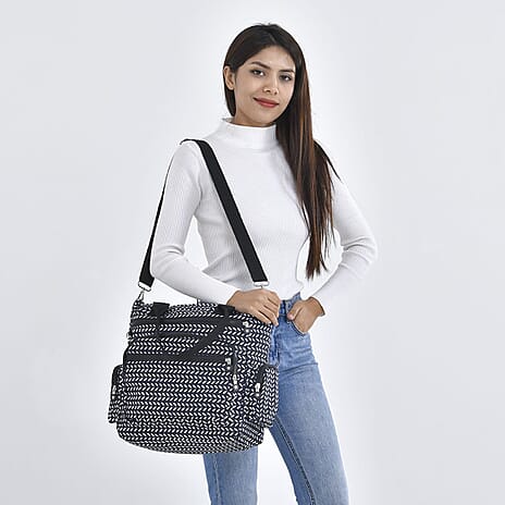 Multi Pocket Leaf Pattern Tote Bag - Navy