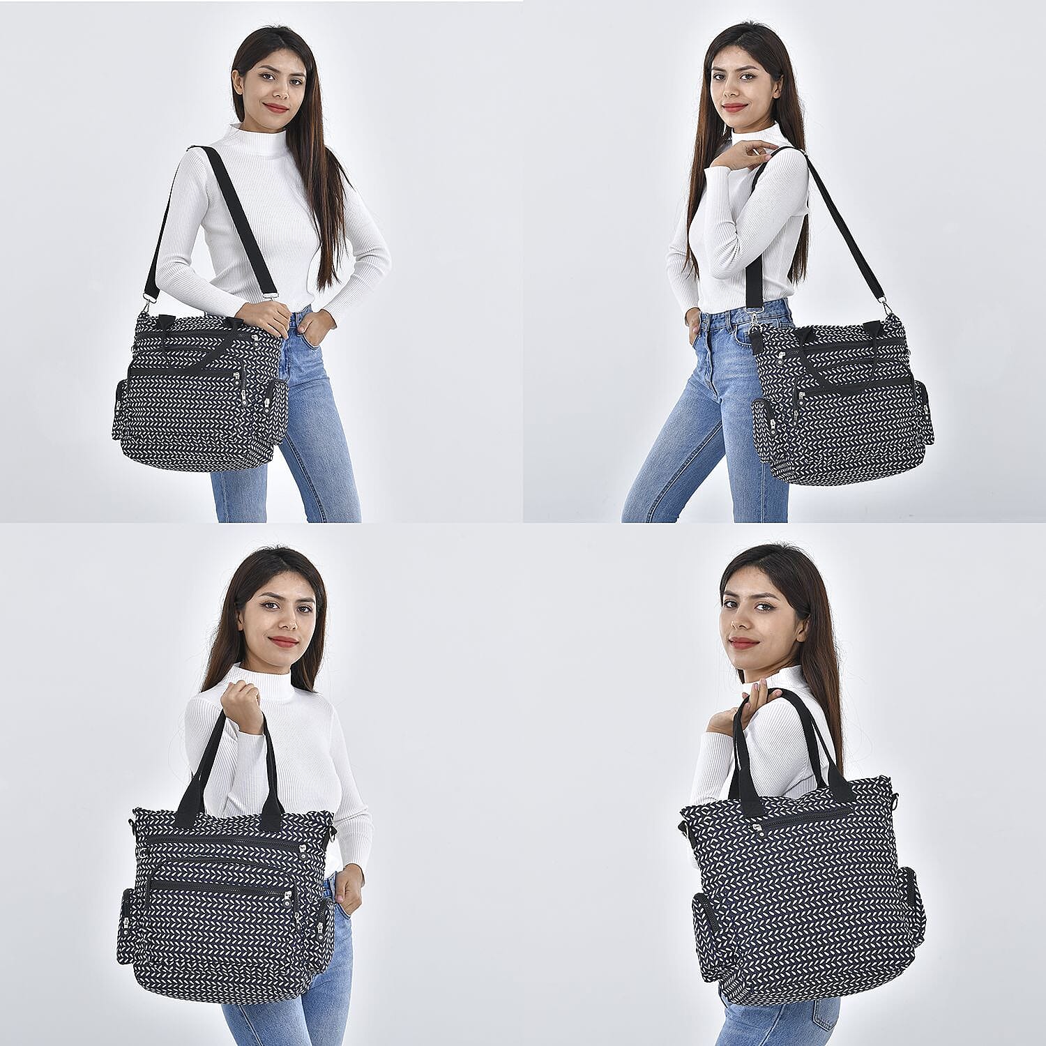 Multi Pocket Leaf Pattern Tote Bag (Size 36x33x13 cm) - Navy