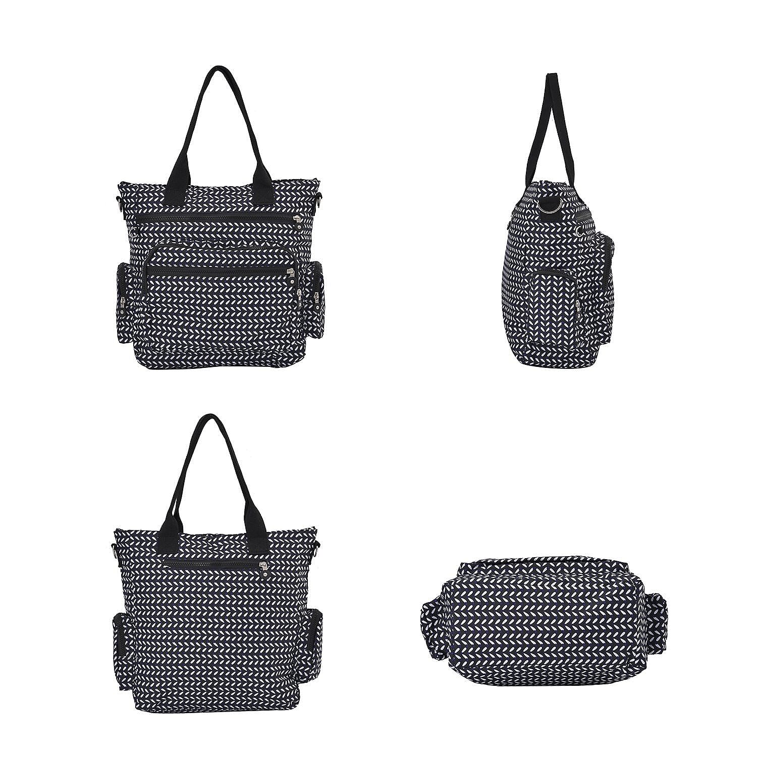Multi Pocket Leaf Pattern Tote Bag (Size 36x33x13 cm) - Navy