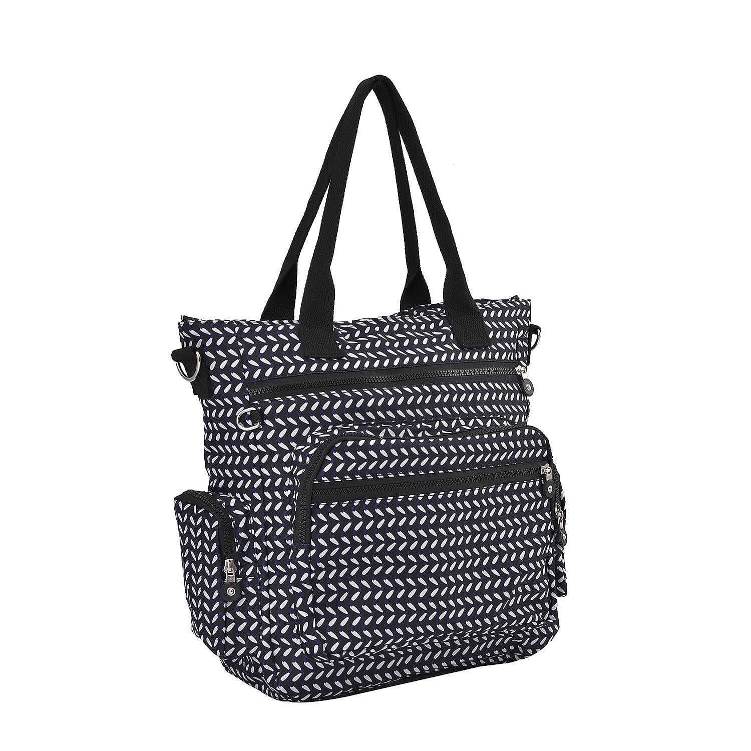 Multi Pocket Leaf Pattern Tote Bag (Size 36x33x13 cm) - Navy