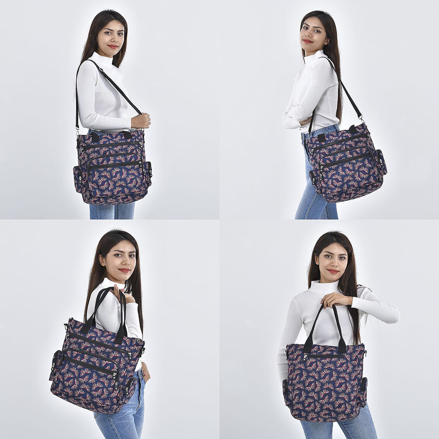 Multi Pocket Butterfly Pattern Tote Bag - Black