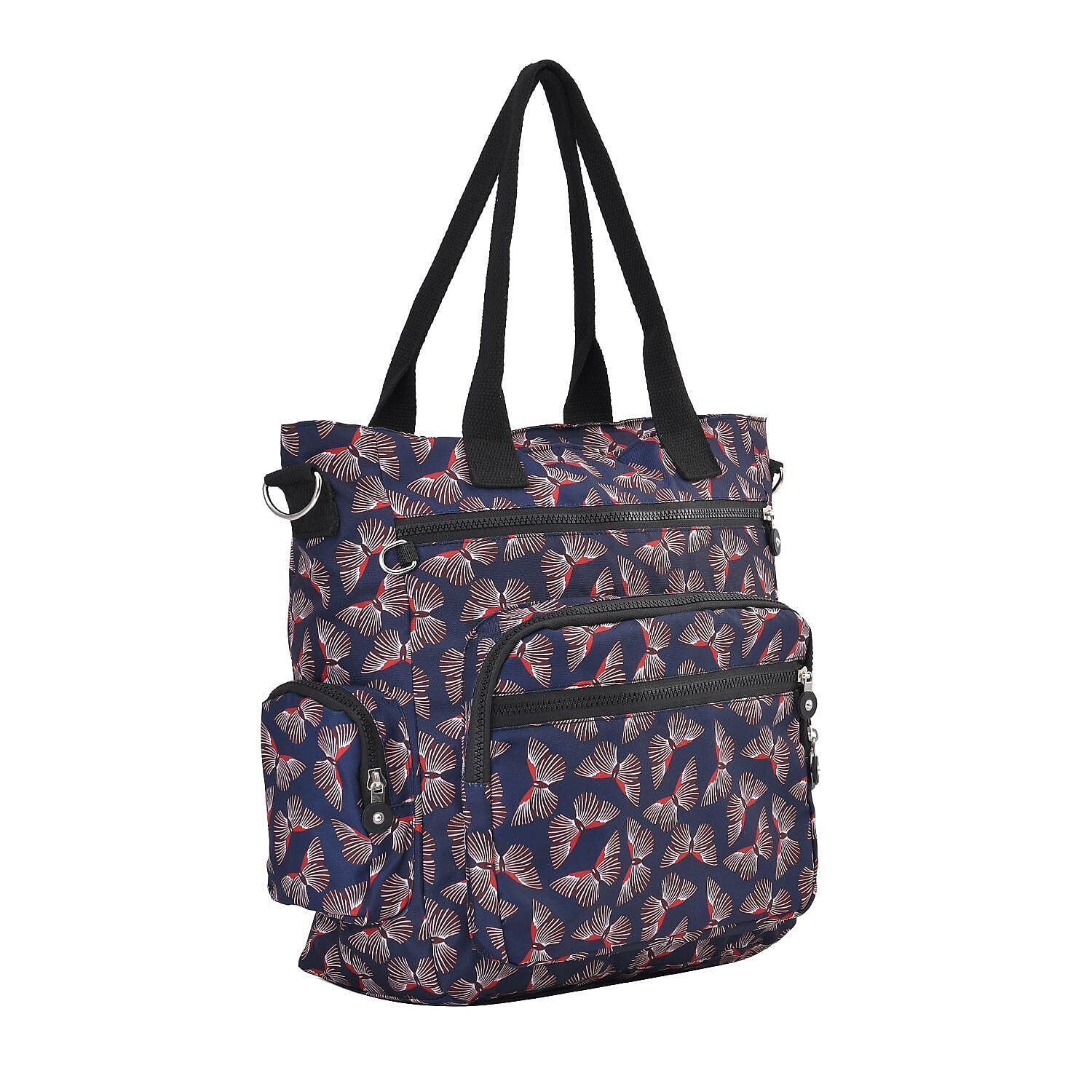 Multi Pocket Butterfly Pattern Tote Bag - Black