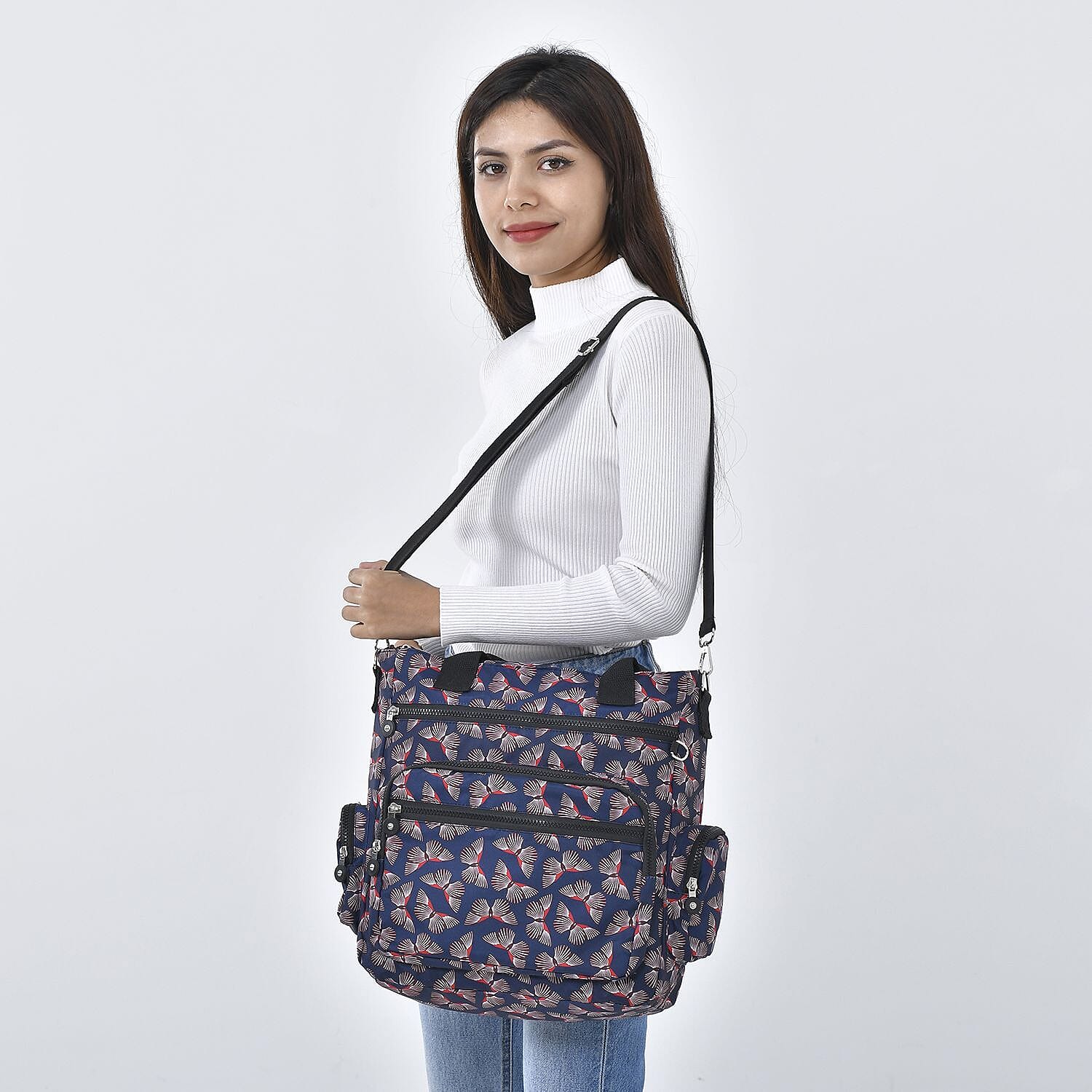 Multi Pocket Butterfly Pattern Tote Bag - Black