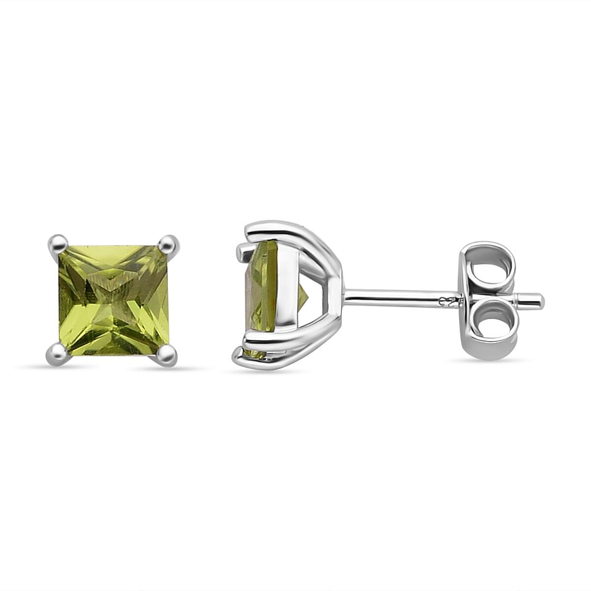 Hebei Peridot (Princess Cut) Stud Earrings (with Push Back) in Rhodium Overlay Sterling Silver 2.18 Ct.