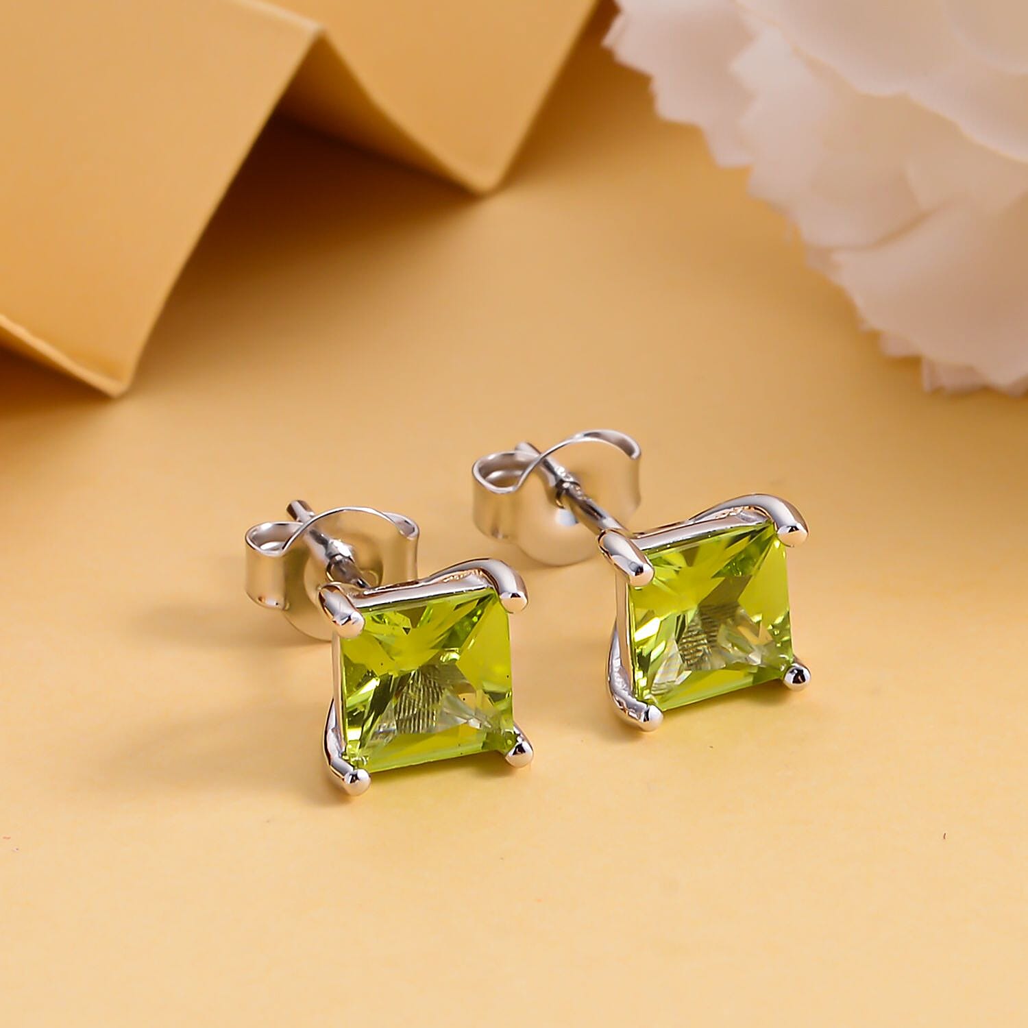Hebei Peridot (Princess Cut) Stud Earrings (with Push Back) in Rhodium Overlay Sterling Silver 2.18 Ct.