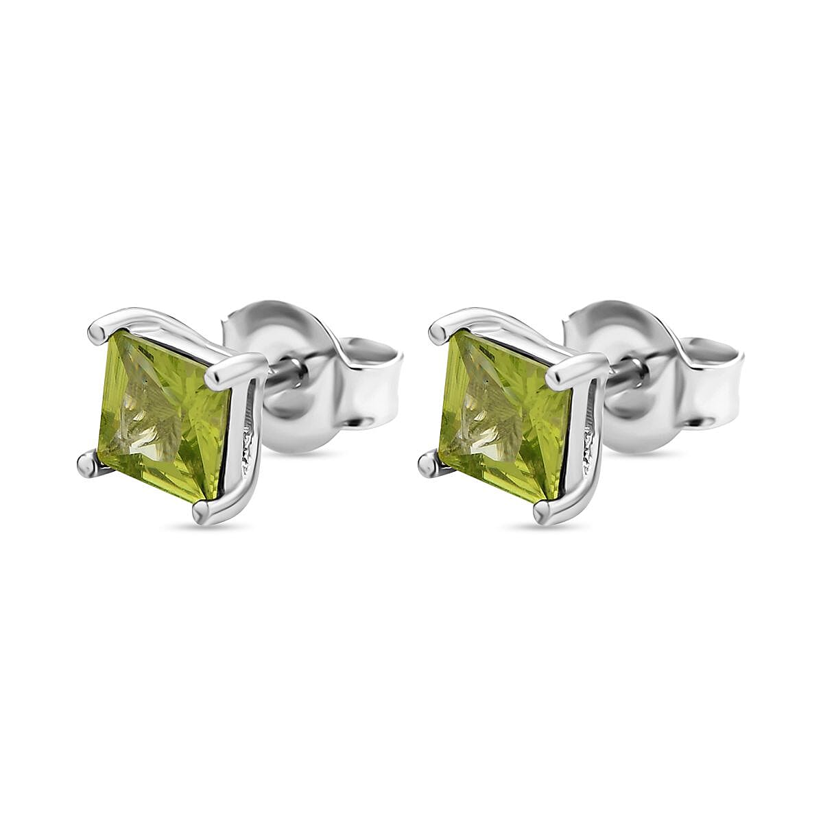 Hebei Peridot (Princess Cut) Stud Earrings (with Push Back) in Rhodium Overlay Sterling Silver 2.18 Ct.