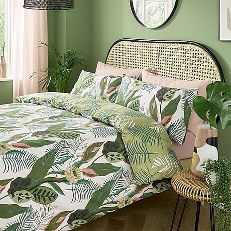 3 Piece Set - Kate Merritt Tropical Garden Cotton Duvet Cover with 2 Pillow Covers (King Size, 230x220 Cm) - Green & White