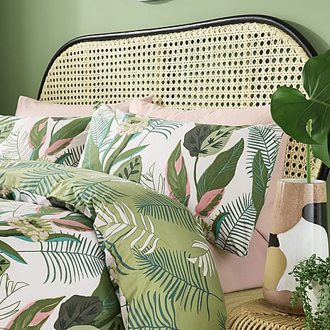 3 Piece Set - Kate Merritt Tropical Garden Cotton Duvet Cover with 2 Pillow Covers (King Size, 230x220 Cm) - Green & White