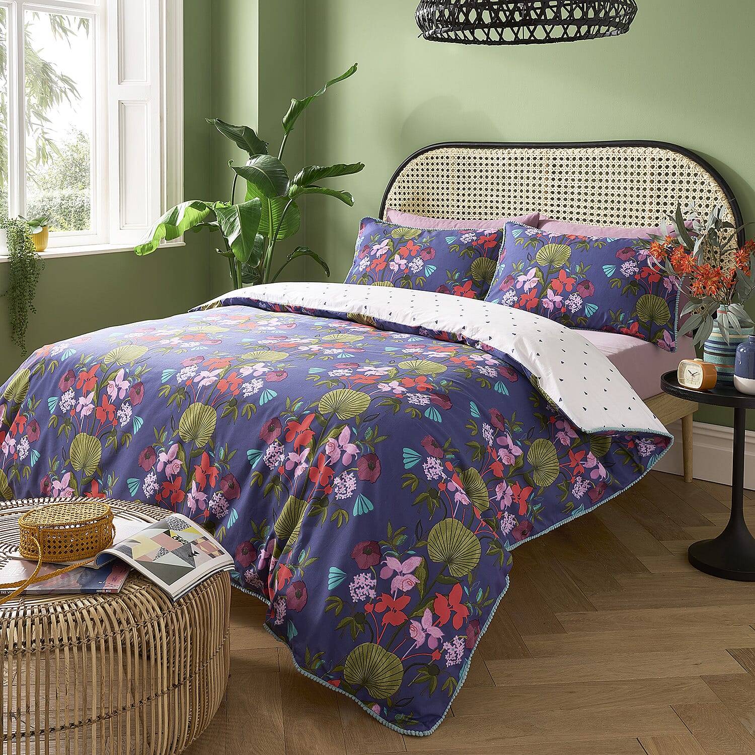 3 Piece Set - Kate Merritt Lotus Leaf Cotton Duvet Cover with 2 Pillow Covers (King Size, 230x220 cm) - Dark Blue and Multi