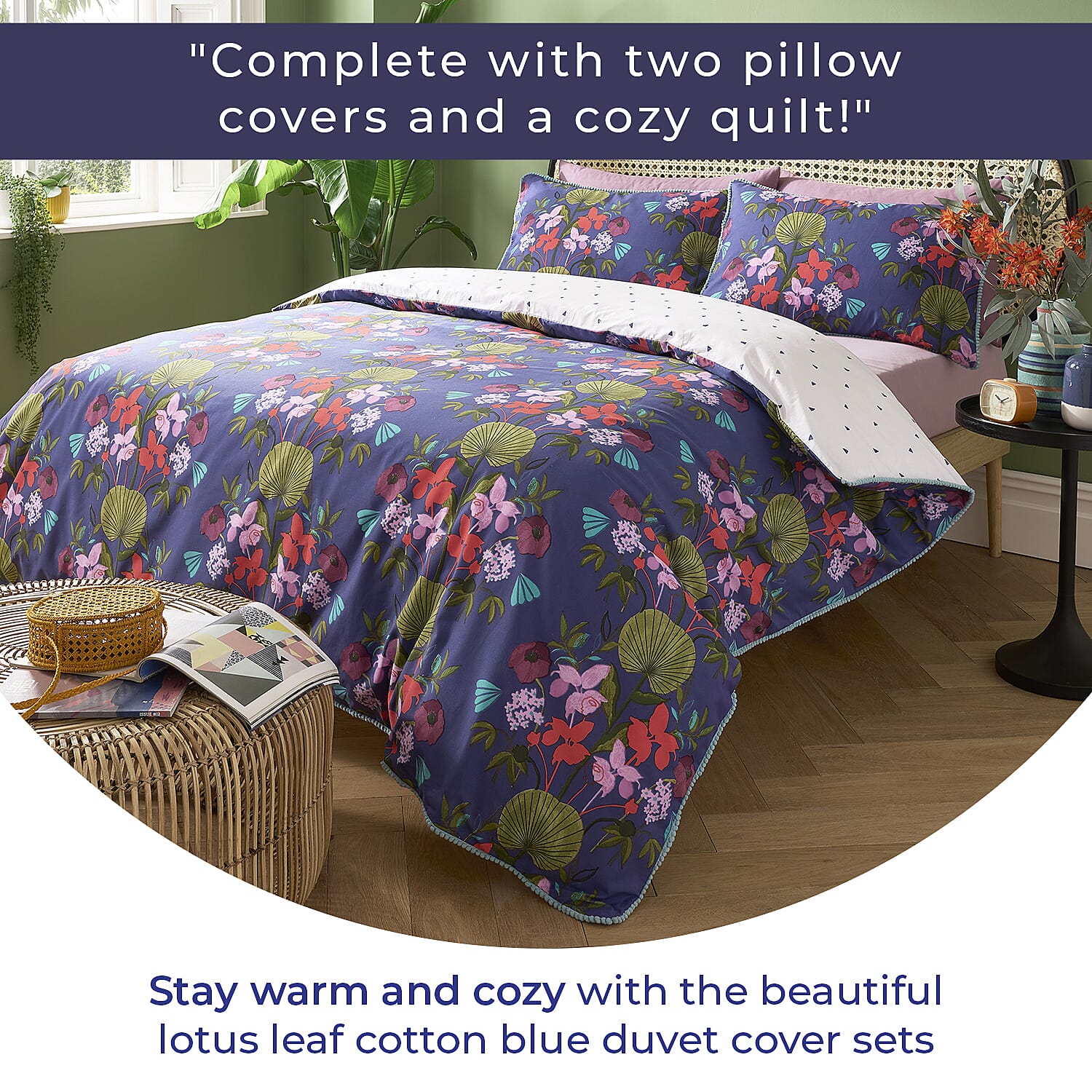 3 Piece Set - Kate Merritt Lotus Leaf Cotton Duvet Cover with 2 Pillow Covers (King Size, 230x220 cm) - Dark Blue and Multi