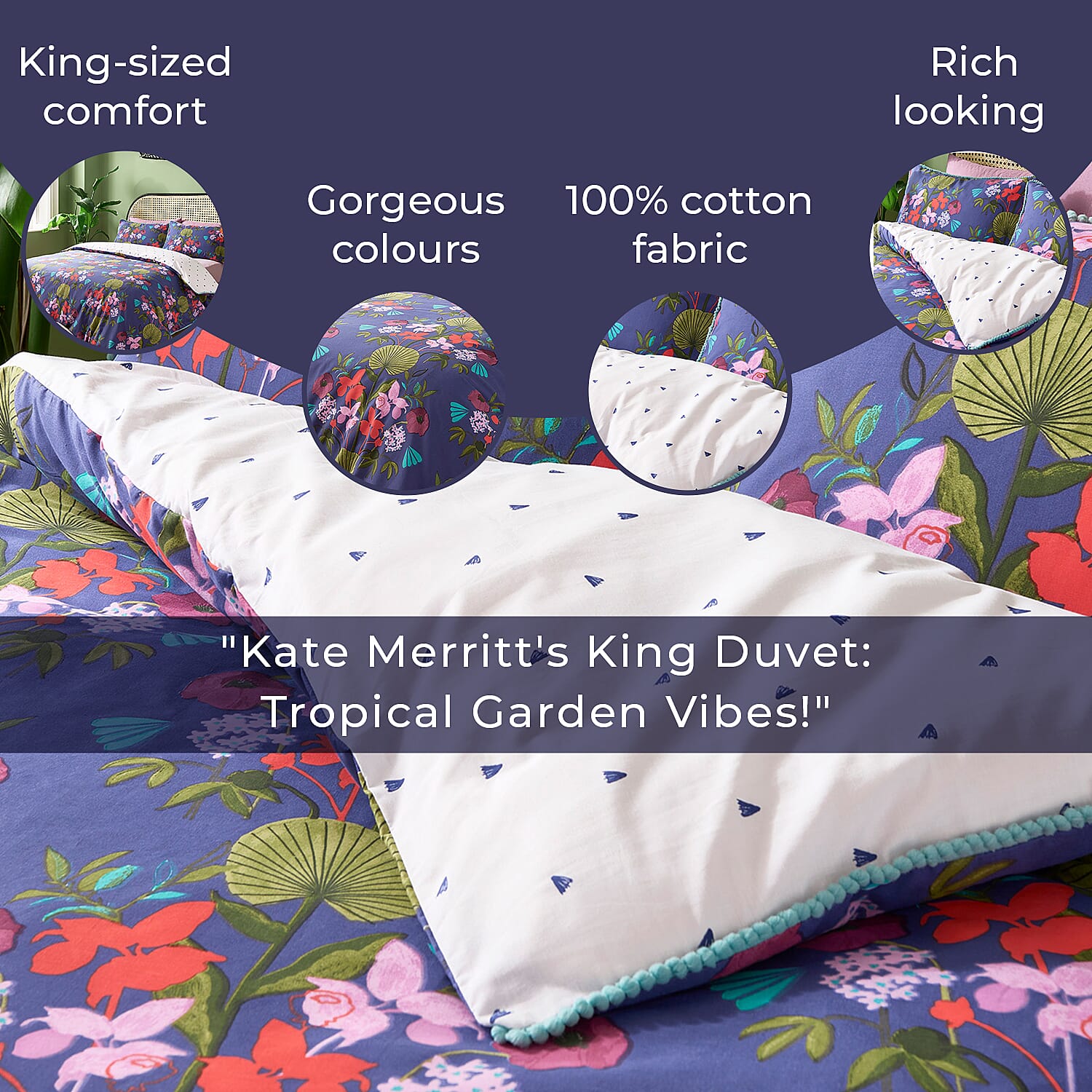 3 Piece Set - Kate Merritt Lotus Leaf Cotton Duvet Cover with 2 Pillow Covers (King Size, 230x220 cm) - Dark Blue and Multi