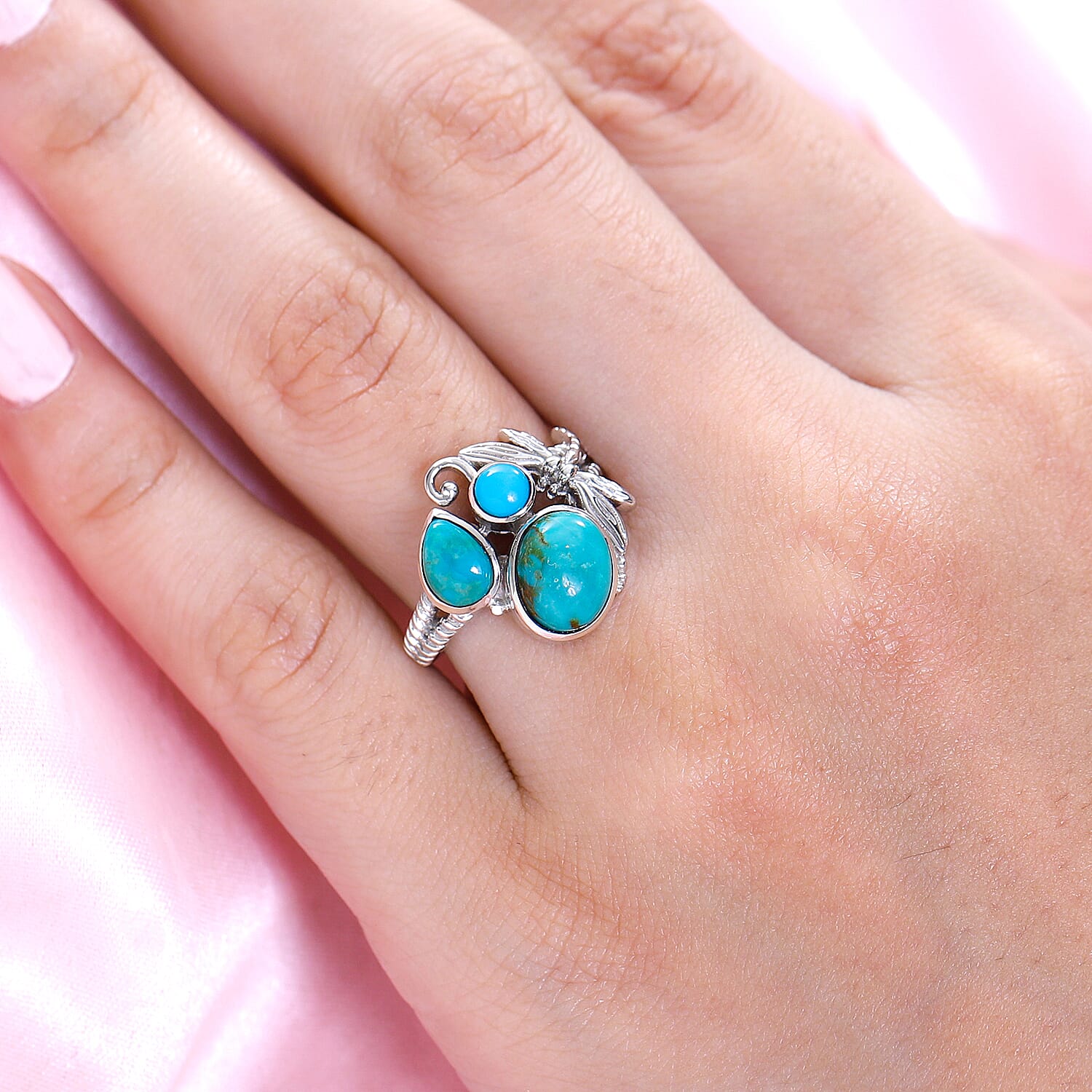 Sierra Nevada Turquoise and Arizona Sleeping Beauty Turquoise Ring in Platinum Overlay Sterling Silver 3.068 Ct.