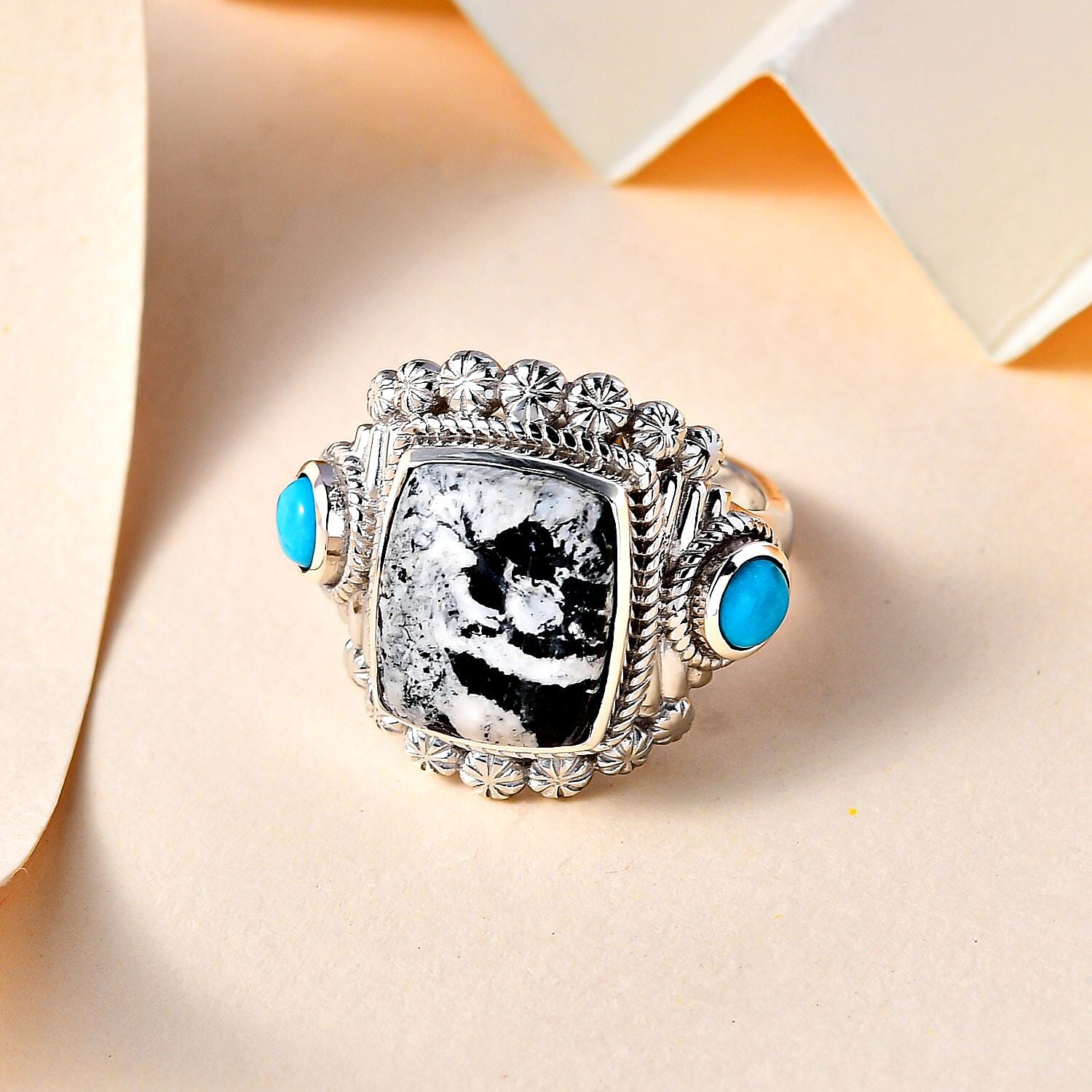 White Buffalo and Kingman Turquoise Ring in Platinum Overlay Sterling Silver 6.31 Ct, Silver Wt. 6.38 Gms.