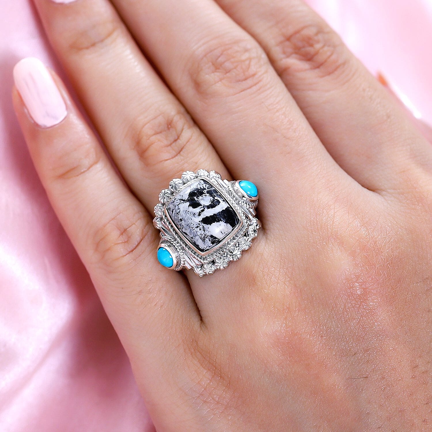 White Buffalo and Kingman Turquoise Ring in Platinum Overlay Sterling Silver 6.31 Ct, Silver Wt. 6.38 Gms.