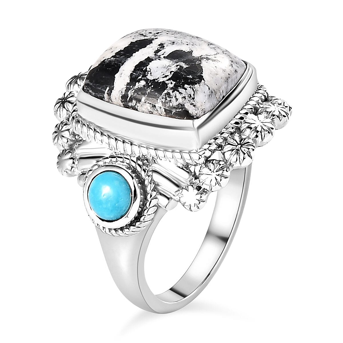 White Buffalo and Kingman Turquoise Ring in Platinum Overlay Sterling Silver 6.31 Ct, Silver Wt. 6.38 Gms.