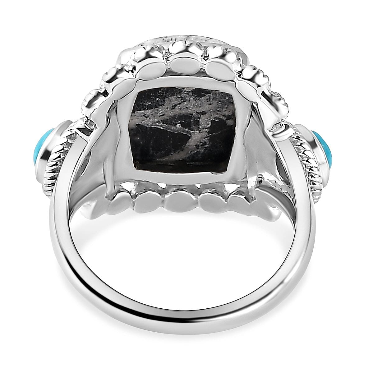 White Buffalo and Kingman Turquoise Ring in Platinum Overlay Sterling Silver 6.31 Ct, Silver Wt. 6.38 Gms.