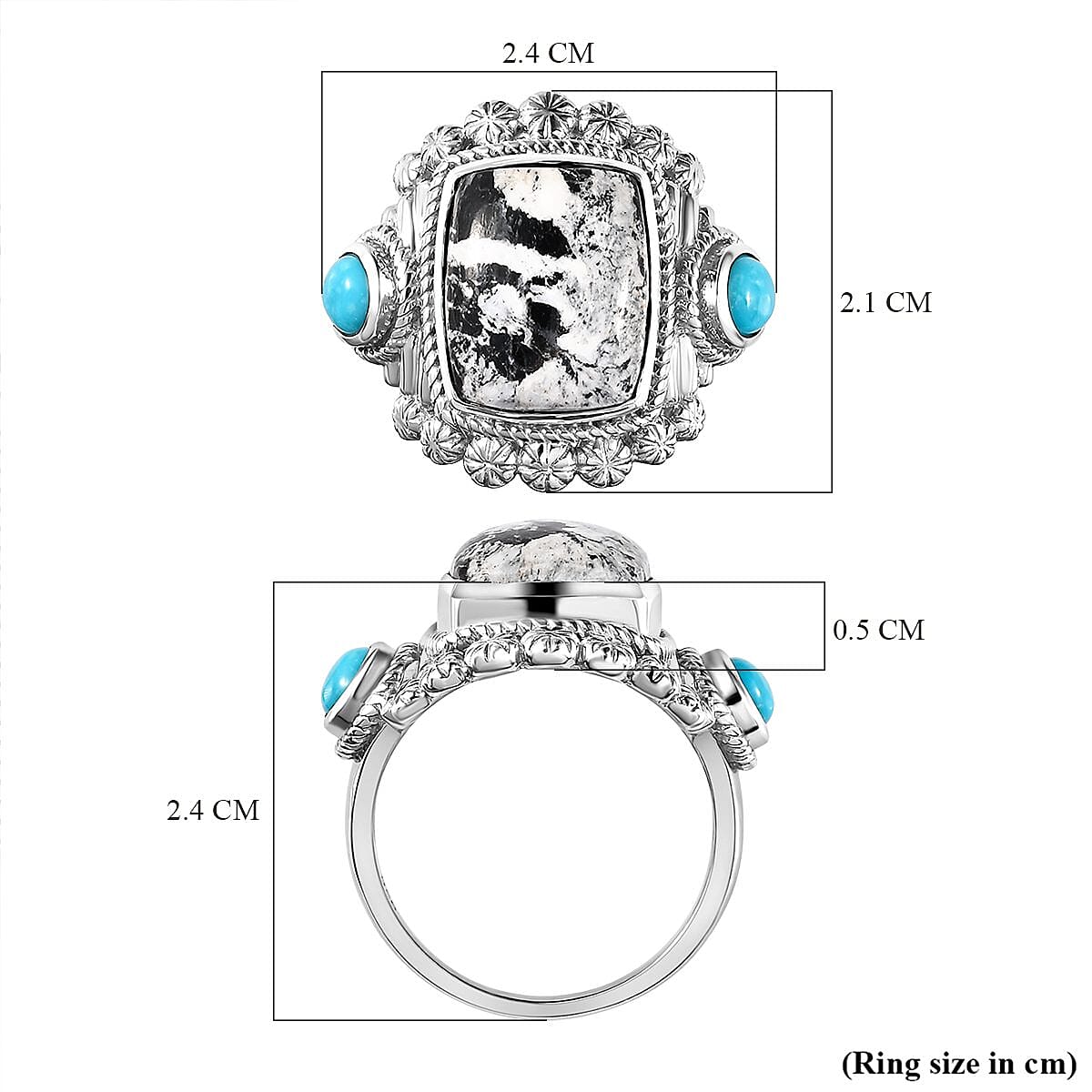 White Buffalo and Kingman Turquoise Ring in Platinum Overlay Sterling Silver 6.31 Ct, Silver Wt. 6.38 Gms.