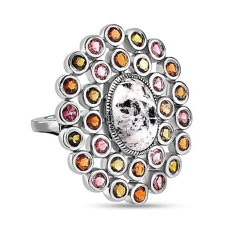 White Buffalo and Multi-Tourmaline Cluster Ring in Platinum Overlay Sterling Silver 9.16 Ct. White Buffalo and Multi-Tourmaline Cluster Ring in Platinum Overlay Sterling Silver 9.16 Ct.