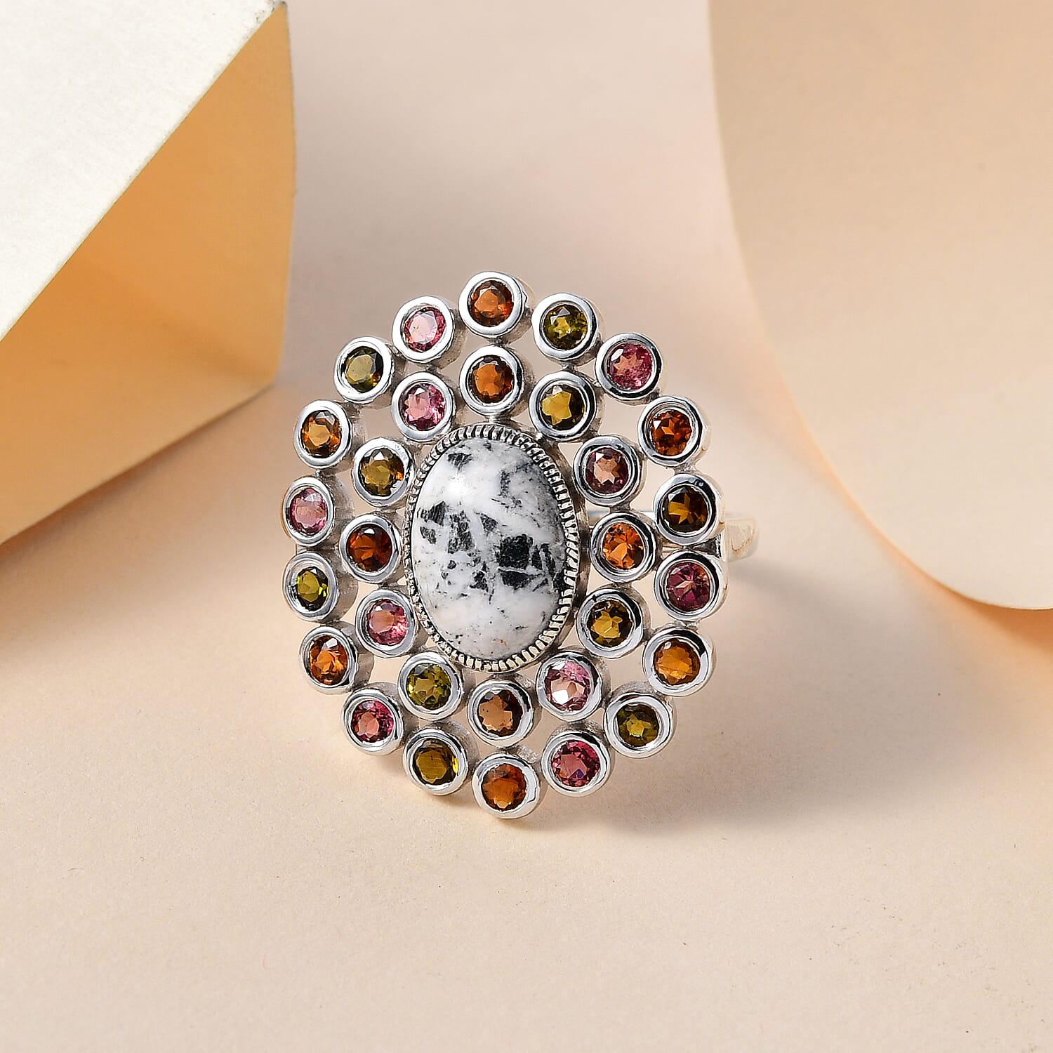 White Buffalo and Multi-Tourmaline Cluster Ring in Platinum Overlay Sterling Silver 9.16 Ct.