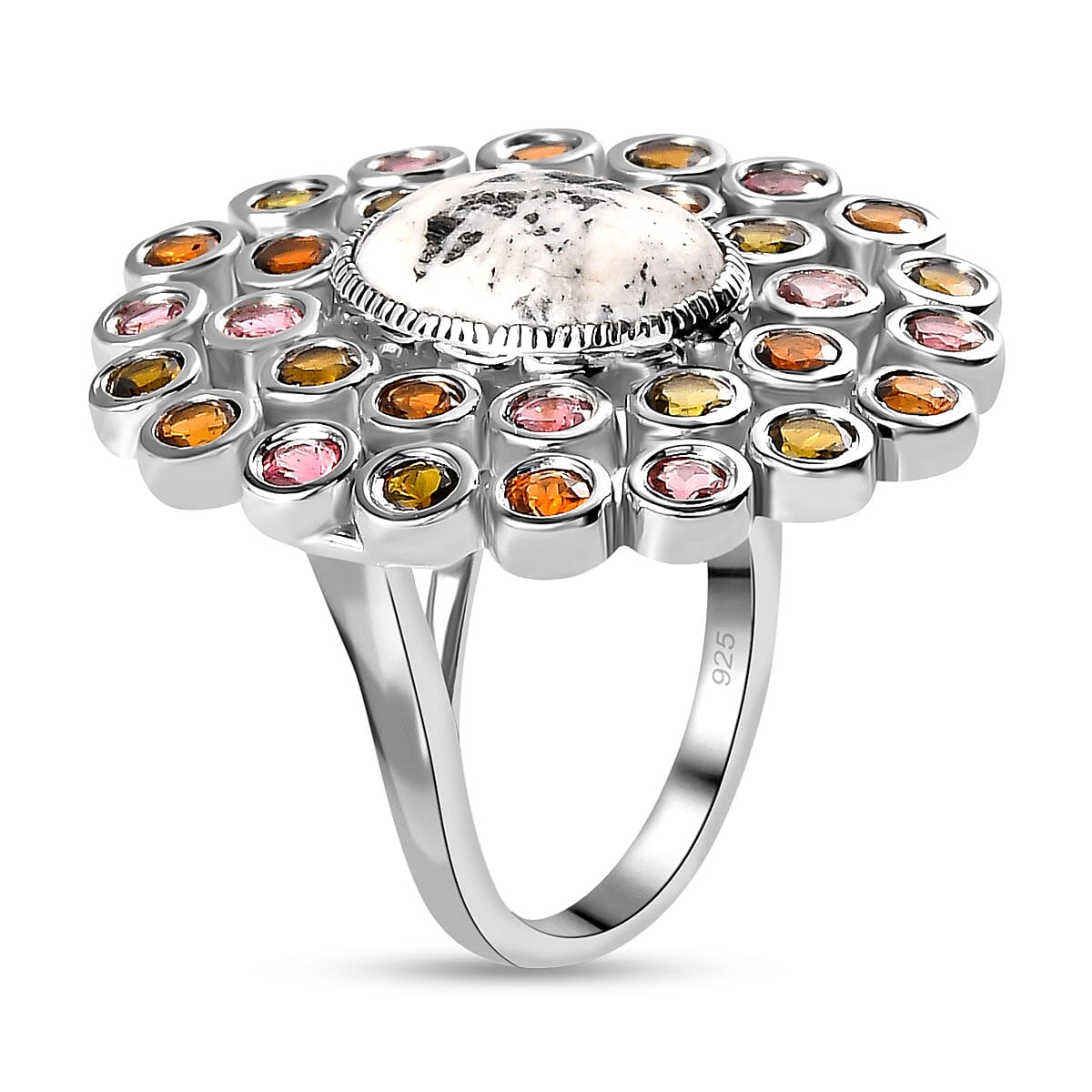 White Buffalo and Multi-Tourmaline Cluster Ring in Platinum Overlay Sterling Silver 9.16 Ct.